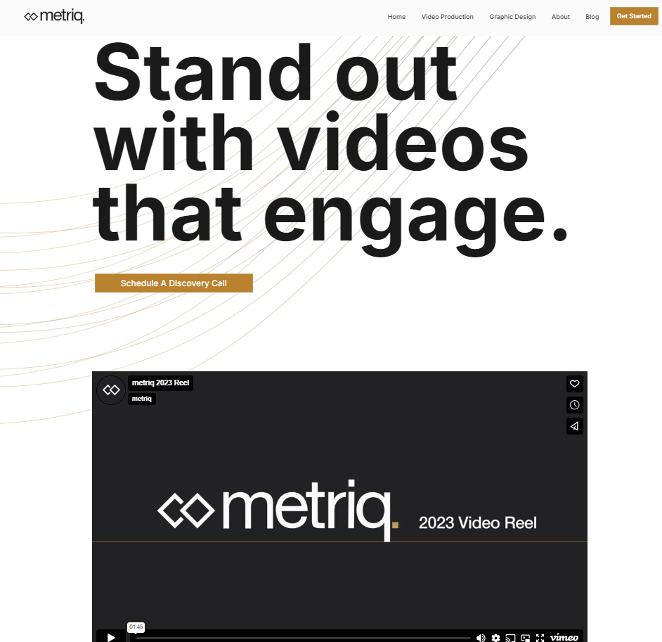 Alt text: The metriq services page begins with a bold headline reading, “Stand out with videos that engage,” followed by an embedded video.