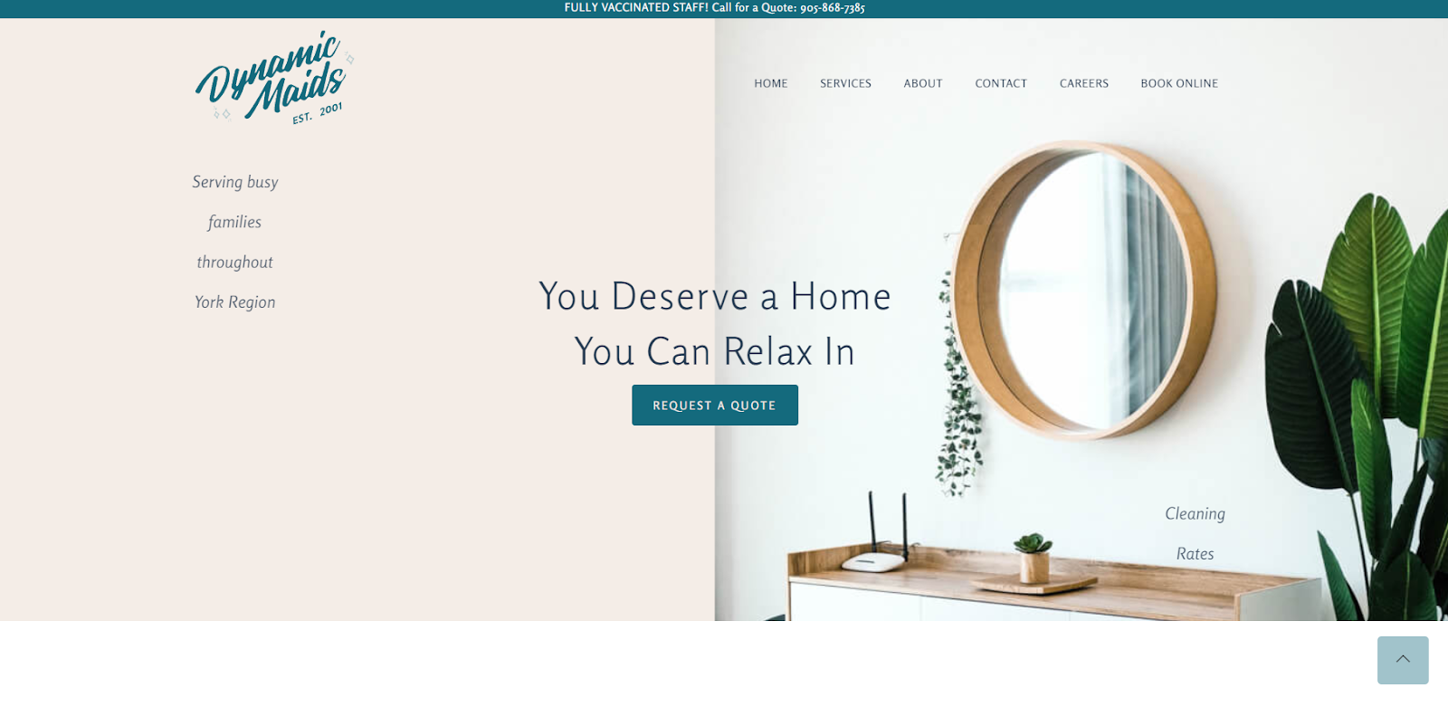 The Dynamic Maids service page features an image of a clean room and a heading that reads, “You Deserve a Home You Can Relax In.”