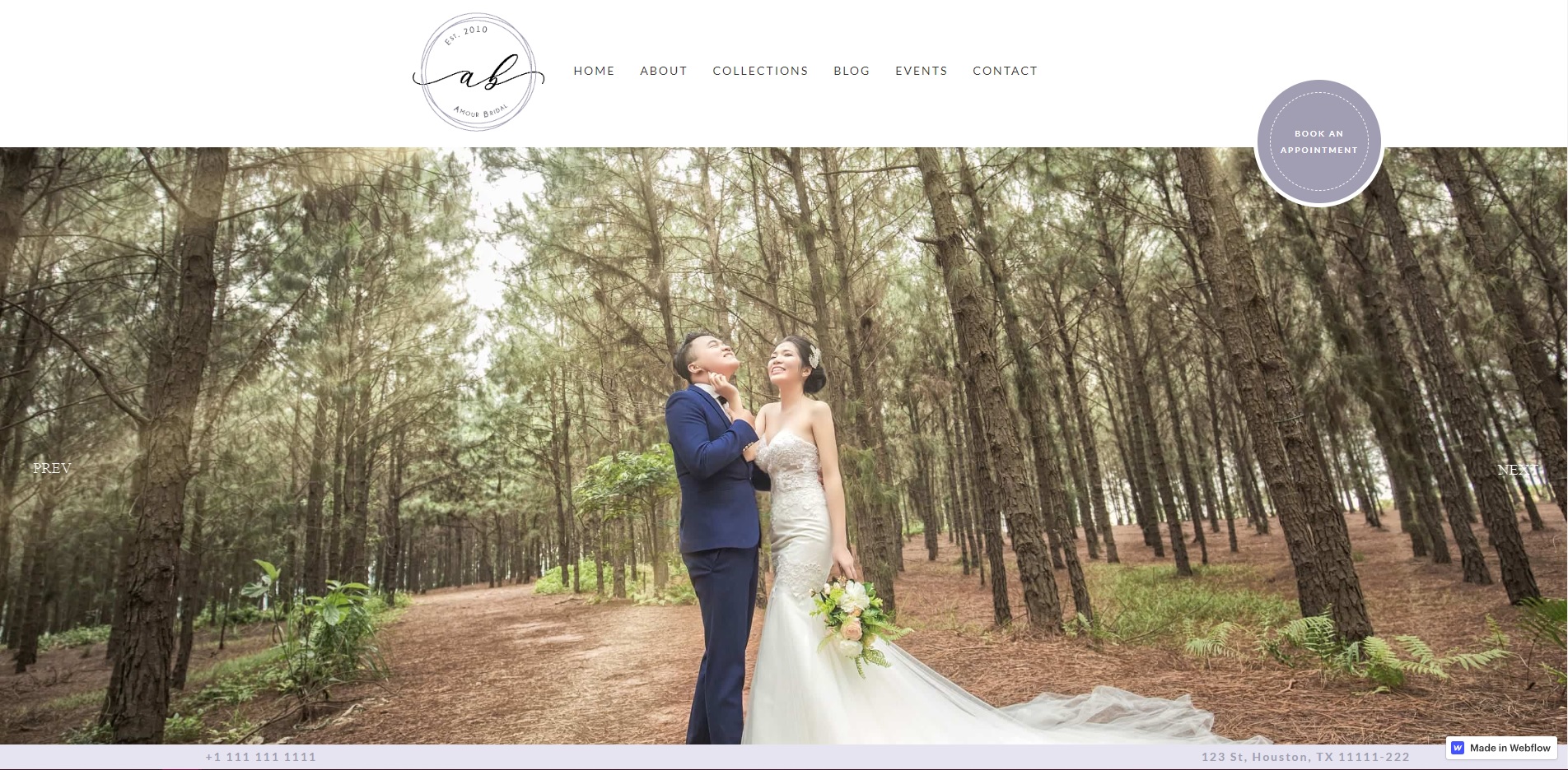 A screenshot of Amour Bridal’s website, with a wide image of a bride and groom on a forest path.