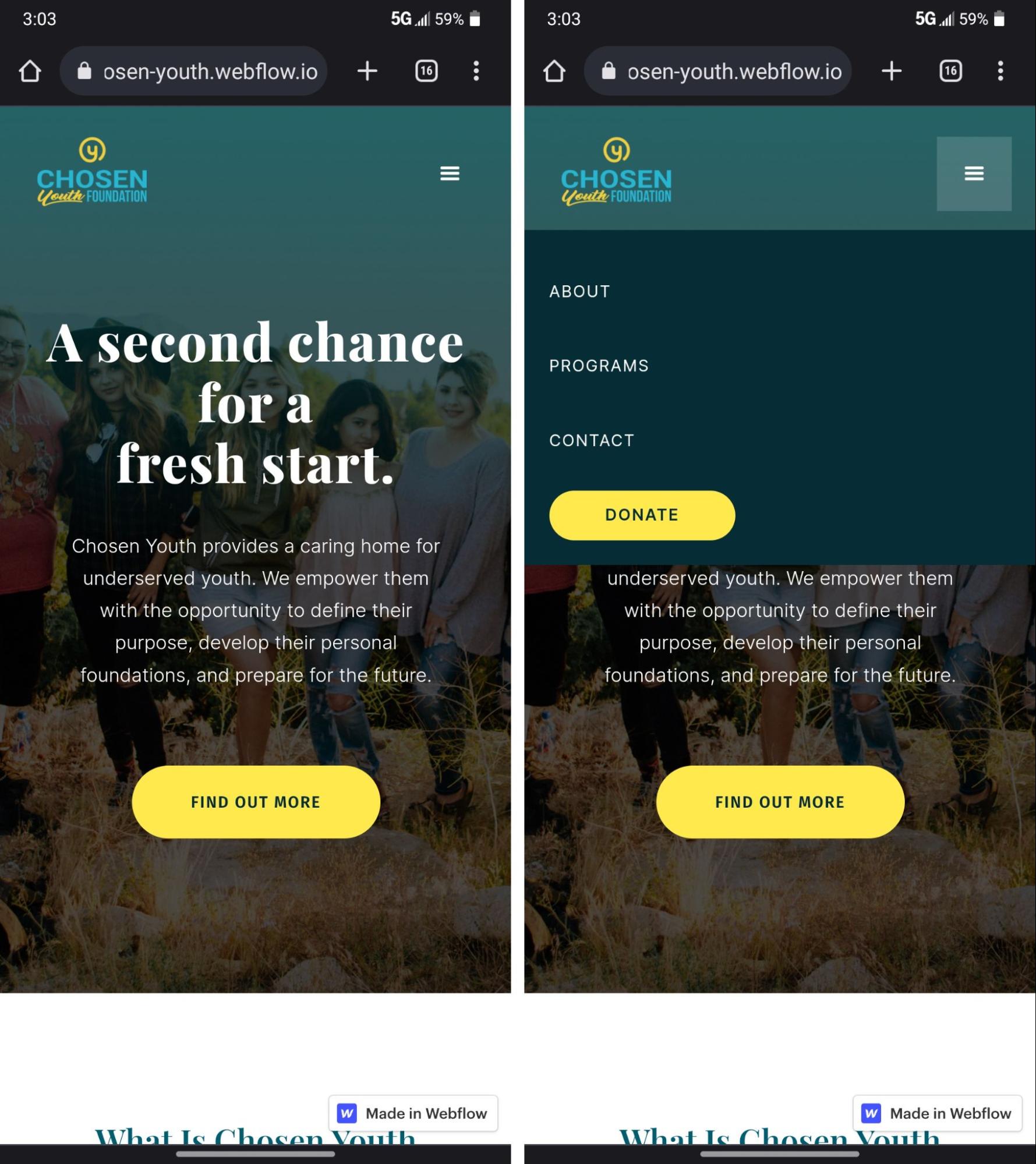 Two side-by-side screenshots of the Chosen Youth mobile site. The left one shows a photo of happy teens in a field with text that reads “A second chance for a fresh start.” The right one shows a dropdown menu obscuring the image.