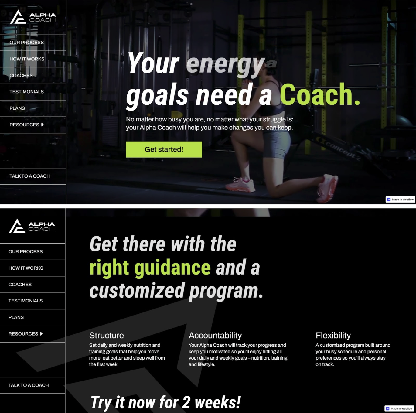 Two screenshots of the Alpha Coach desktop website. Top: “Your energy goals need a coach” over an image of a person doing a lunge. Bottom: “Get there with the right guidance and a customized program” over a black background.