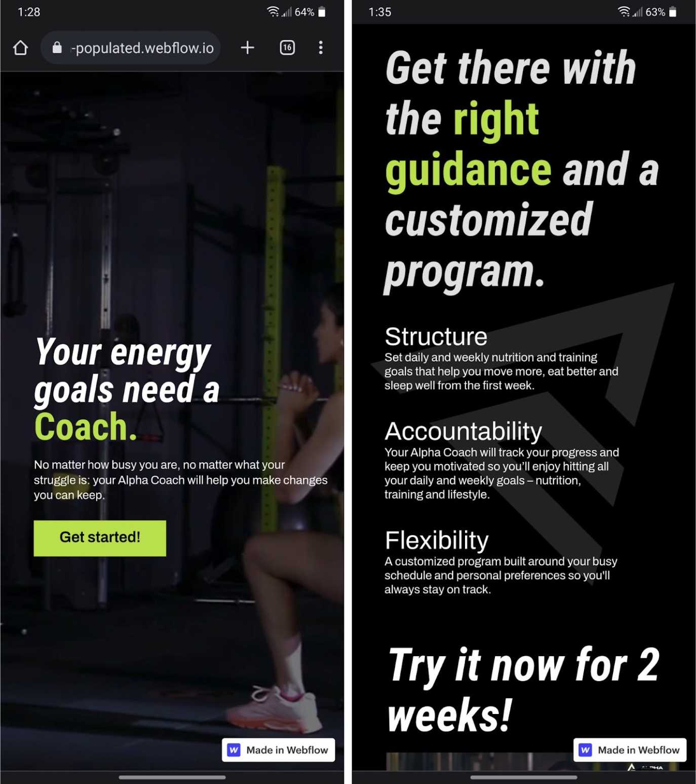 Two screenshots of the Alpha Coach mobile website. Left-side image: “Your energy goals need a coach” over an image of a person doing a lunge. Right-side image: “Get there with the right guidance and a customized program” over a black background.