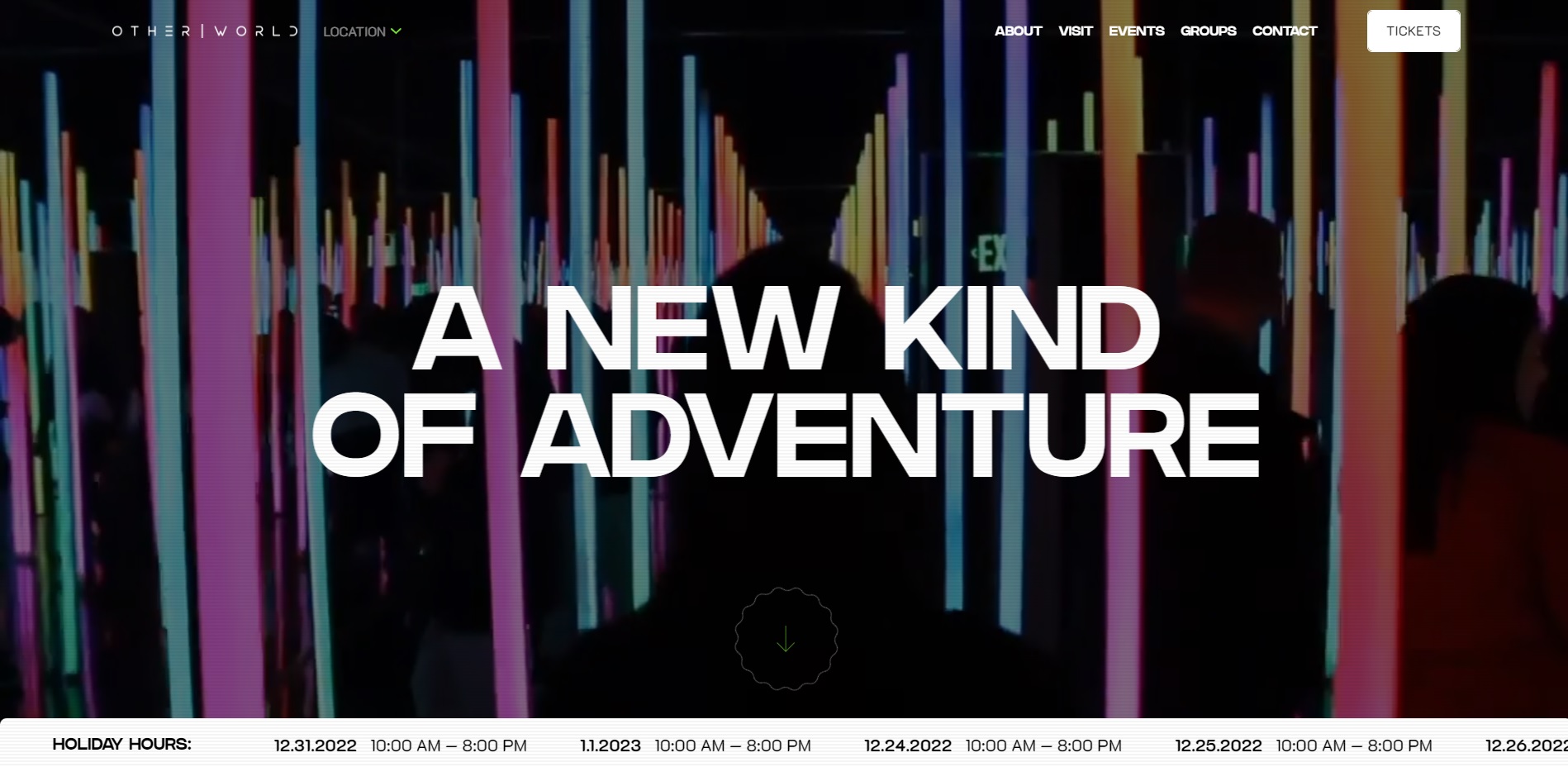 A screenshot of Otherworld’s website landing page, with bold white capital letters that say “A NEW KIND OF ADVENTURE” over the silhouette of a person in a dark but colorful mirror maze.