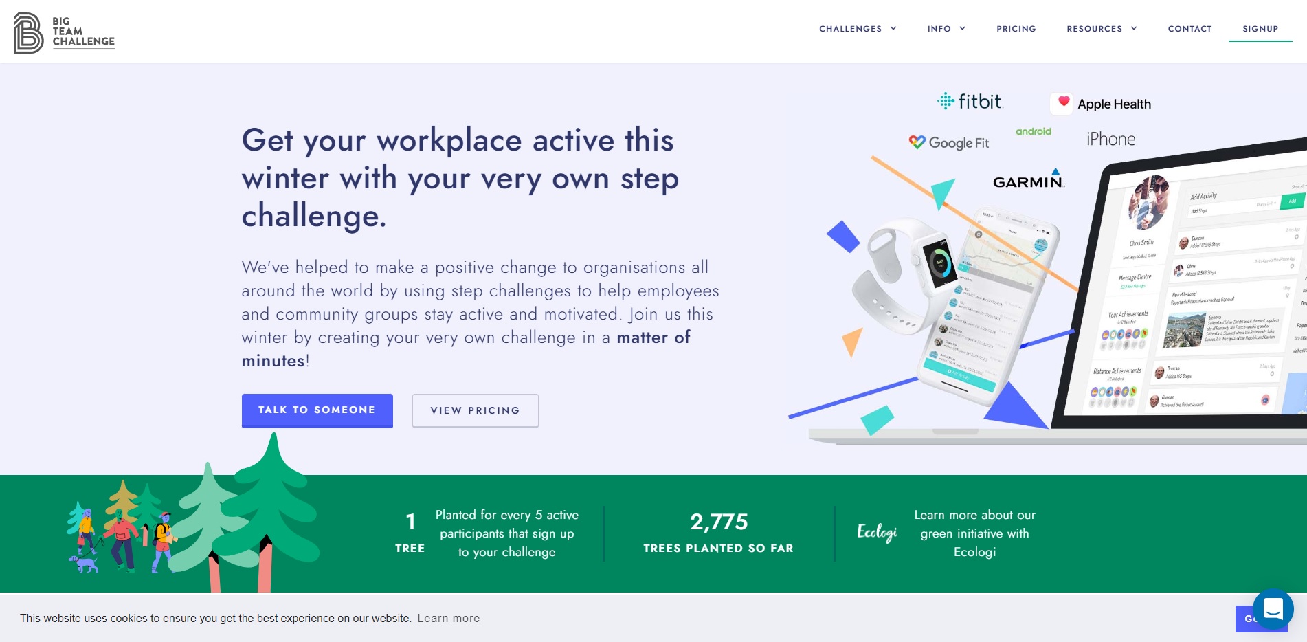 A screenshot of Big Team Challenge’s website landing page, with a slogan, collaborator logos, and a dark green footer with statistics.