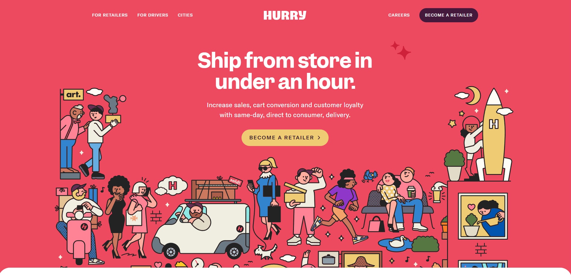 A screenshot of Hurry’s website landing page, with colorful cartoons of diverse people and a bold header that says, “Ship from store in under an hour.”