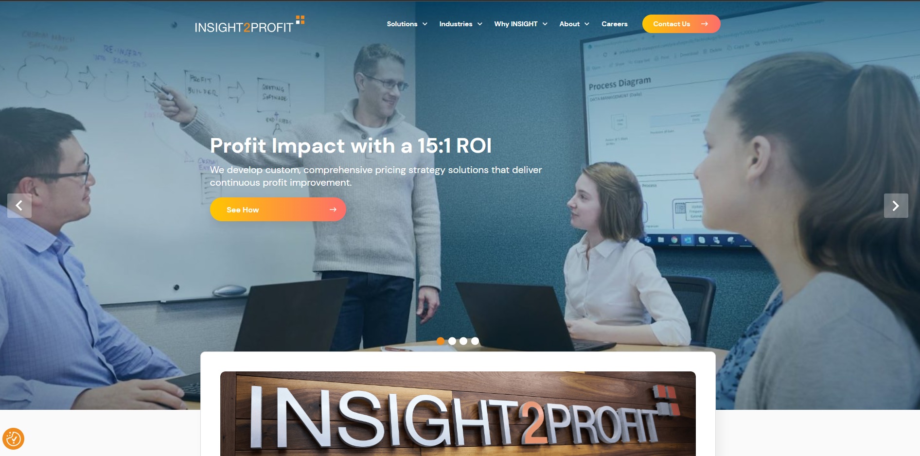 A screenshot of INSIGHT2PROFIT’s landing page, with a blue-and-orange color scheme and an image of four workers in a meeting room looking at a whiteboard.