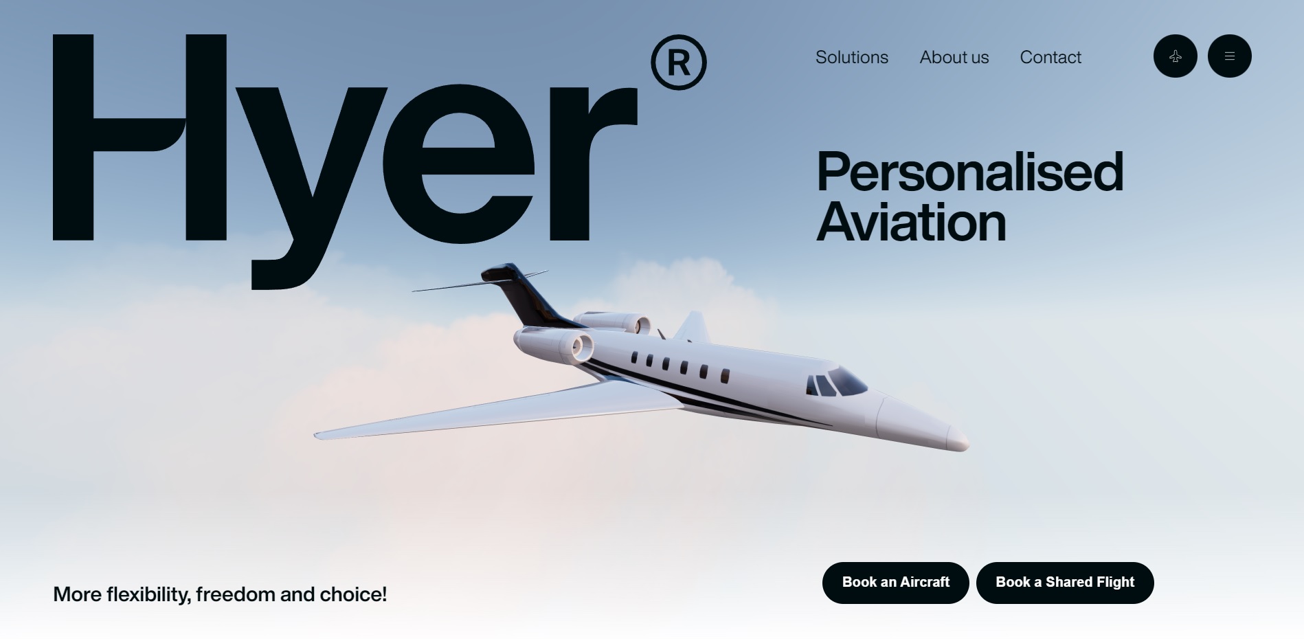 A screenshot of Hyer’s landing page, with a 3D image of an airplane and the word “Hyer” in a large bold font