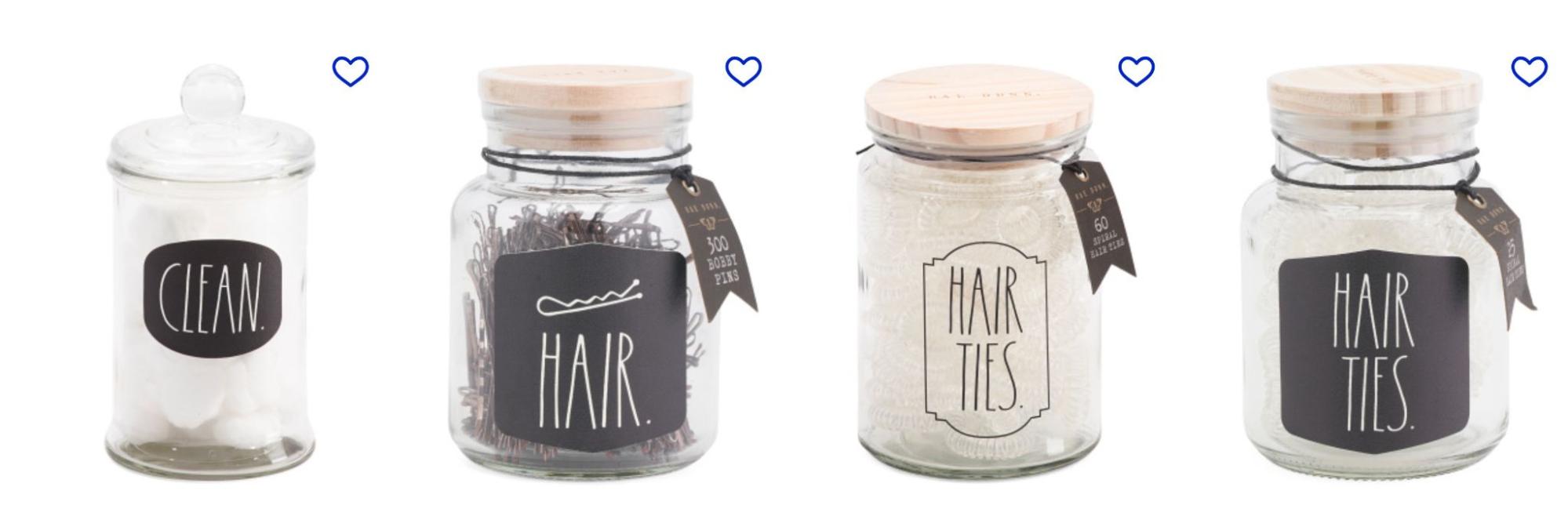 Image of 3 glass containers labeled in Rae Dunn font: clean, hair, hair ties, hair ties