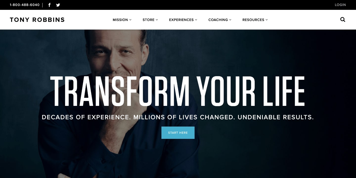 Tony Robbins homepage. Phoot of Tony with chin in hand with text overlayed "Transform your life"