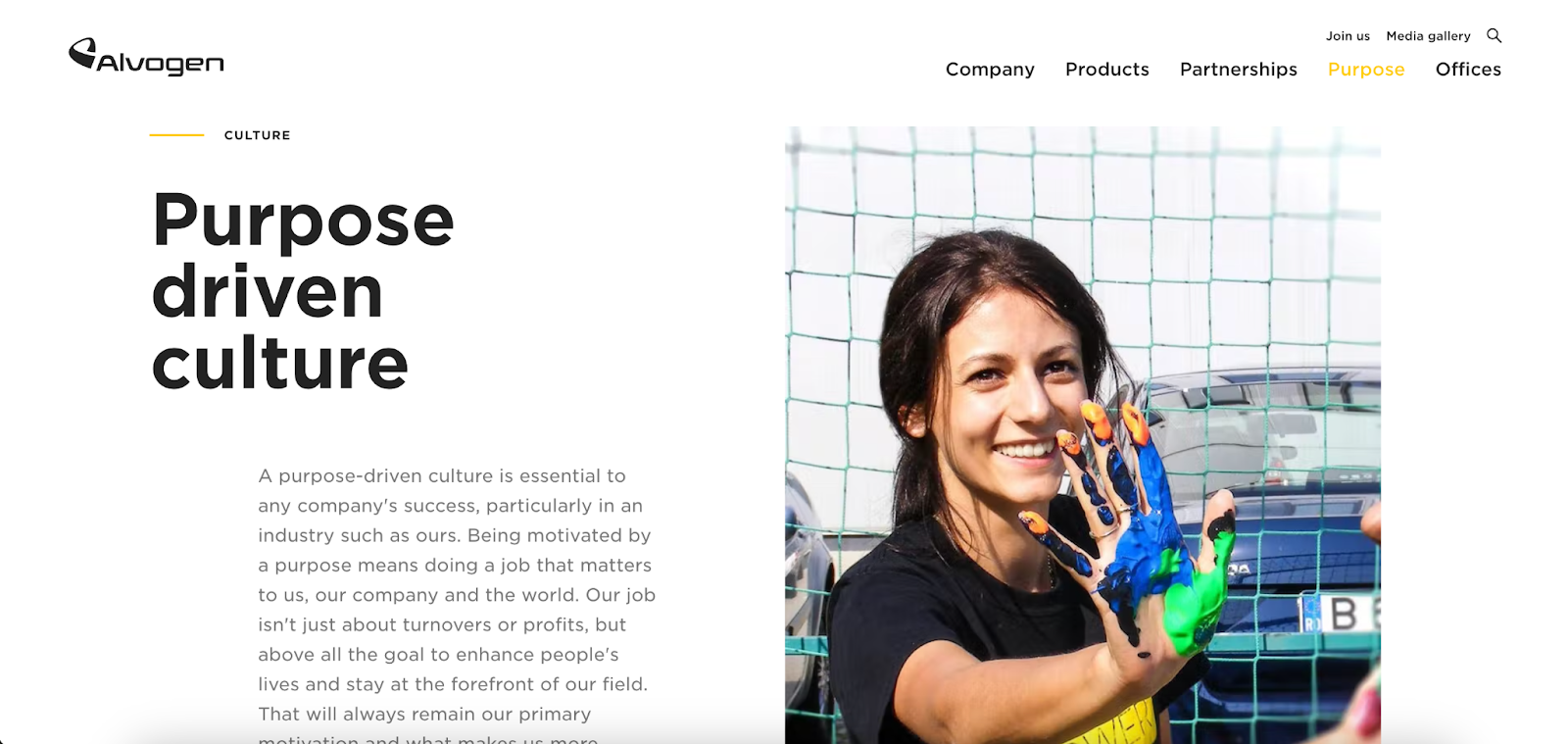 A screenshot of Alvogen’s Purpose page, with an image of a woman with a painted hand on the right and a “Purpose driven culture” heading on the left. Below the heading, a staggered chunk of text describes the company’s mission.