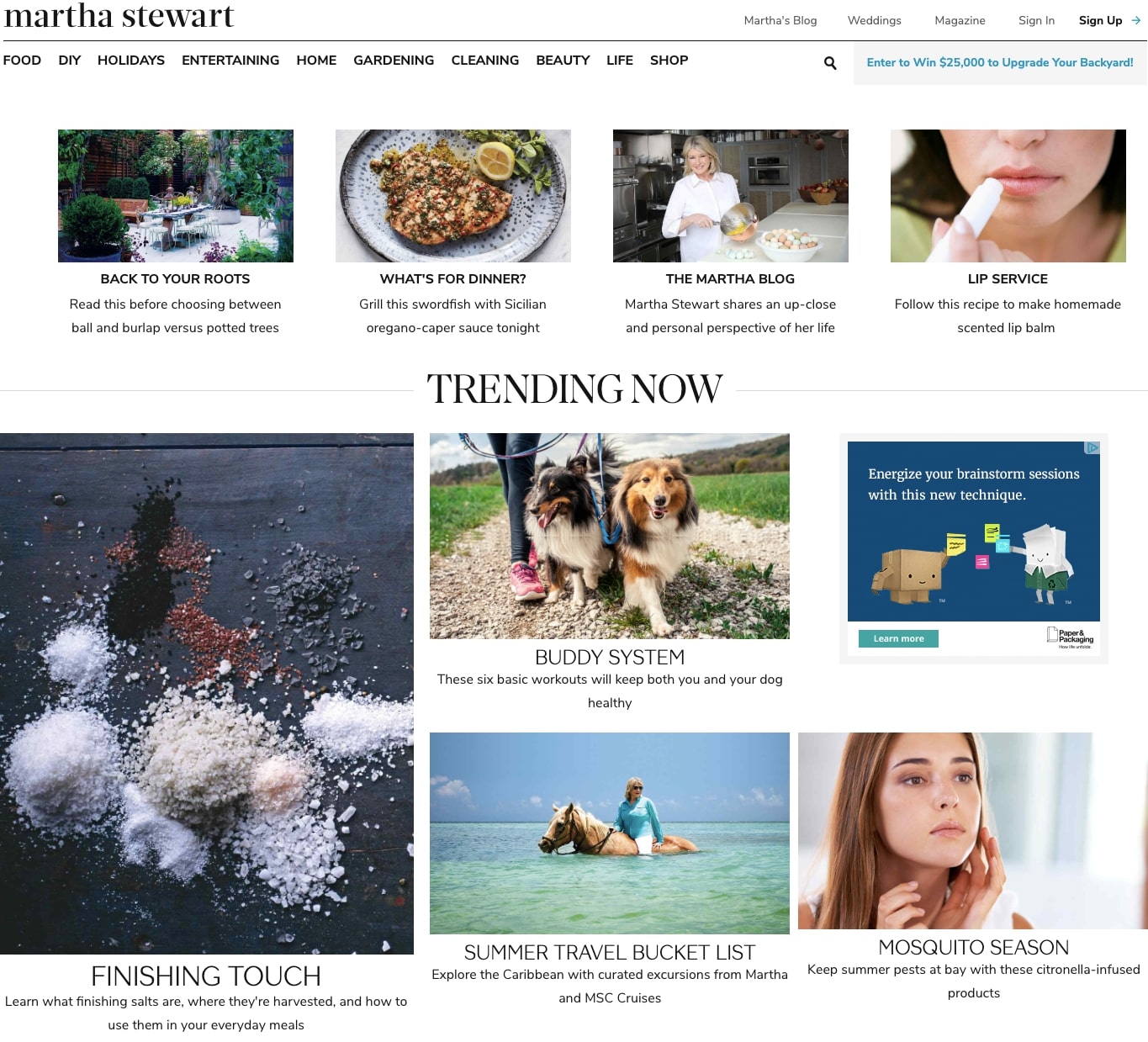 Martha Stewart homepage. Grid of photos representing articles.i
