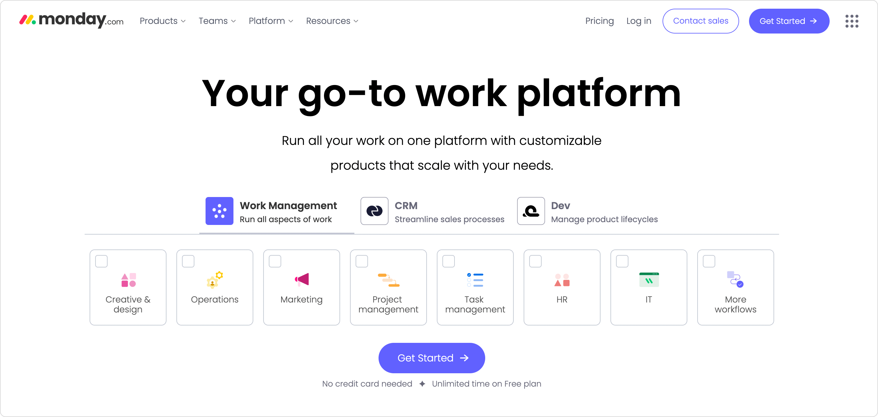 An image of the Monday.com homepage. It reads "Your go-to work platform."