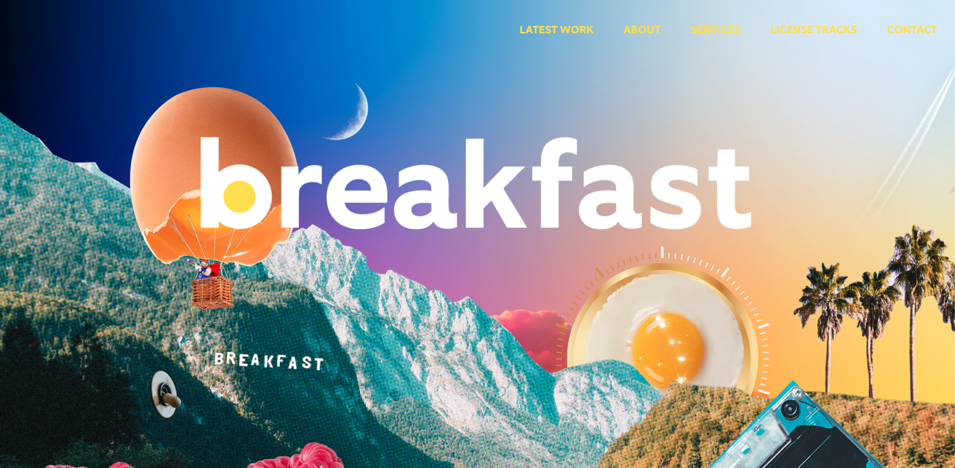A screenshot of Breakfast’s website with a pixelated photo of mountains, an egg as the sun, an air balloon made from an egg shell, and palm trees