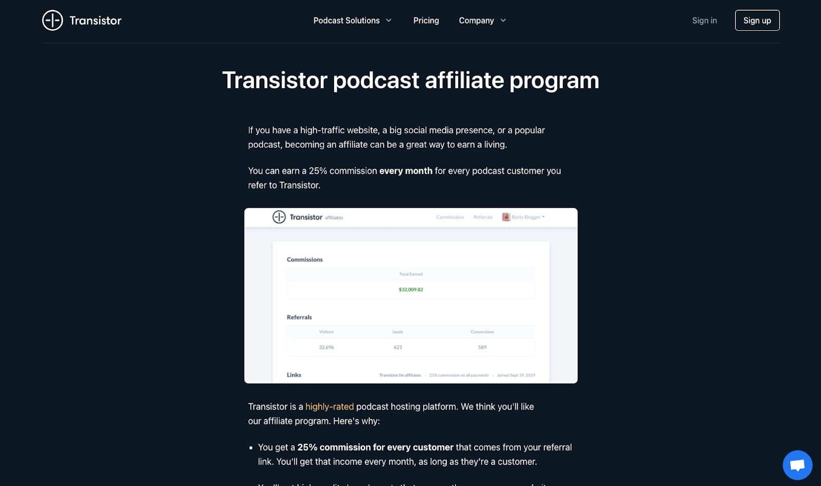 Screenshot of Transitor affiliate program homepage