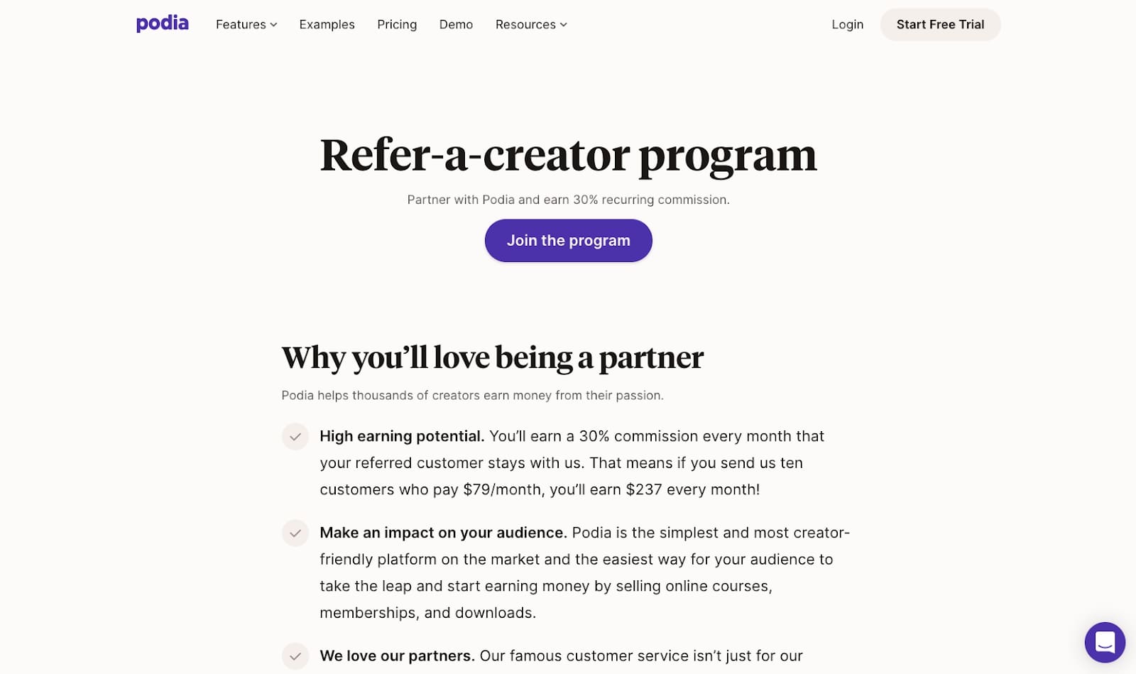 Screenshot of Podia affiliate program website