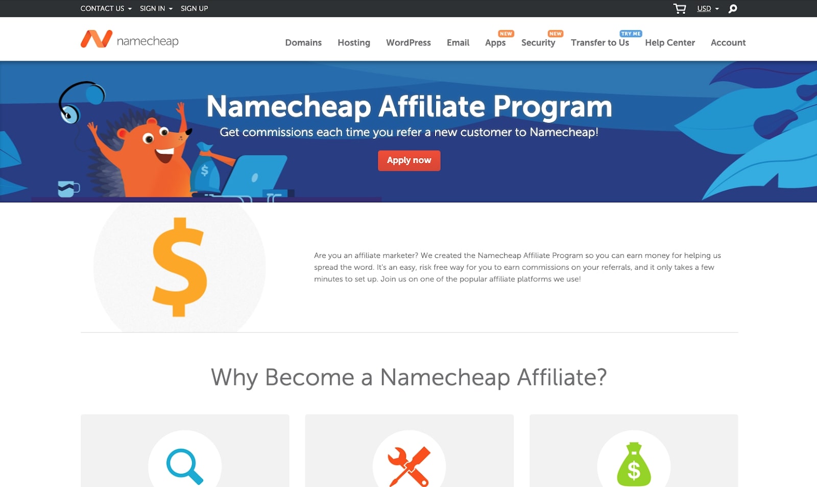 Screenshot of Namecheap affiliate program website