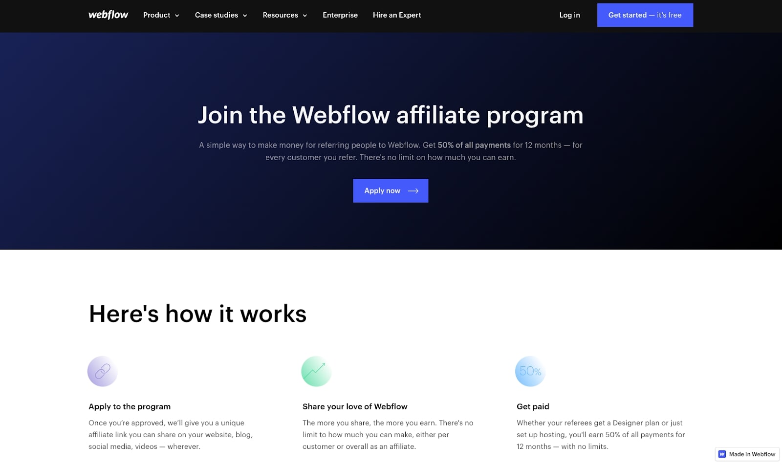 Screenshot of Webflow affiliate program homepage