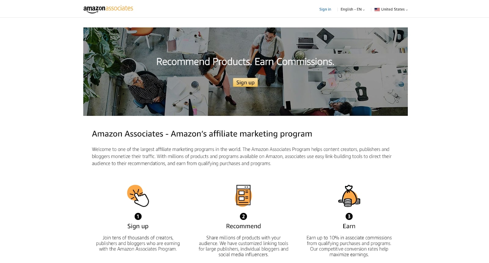 Screenshot of Amazon Associates affiliate program website