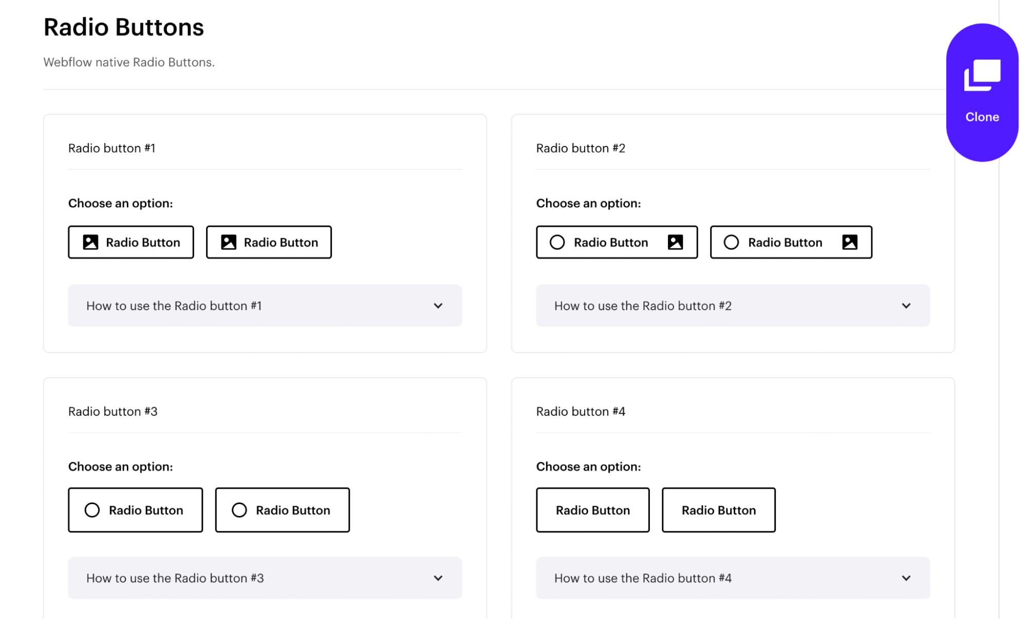 Screenshot from Finsweet’s Accessible Form Filter Components site featuring four different button designs for radio buttons.