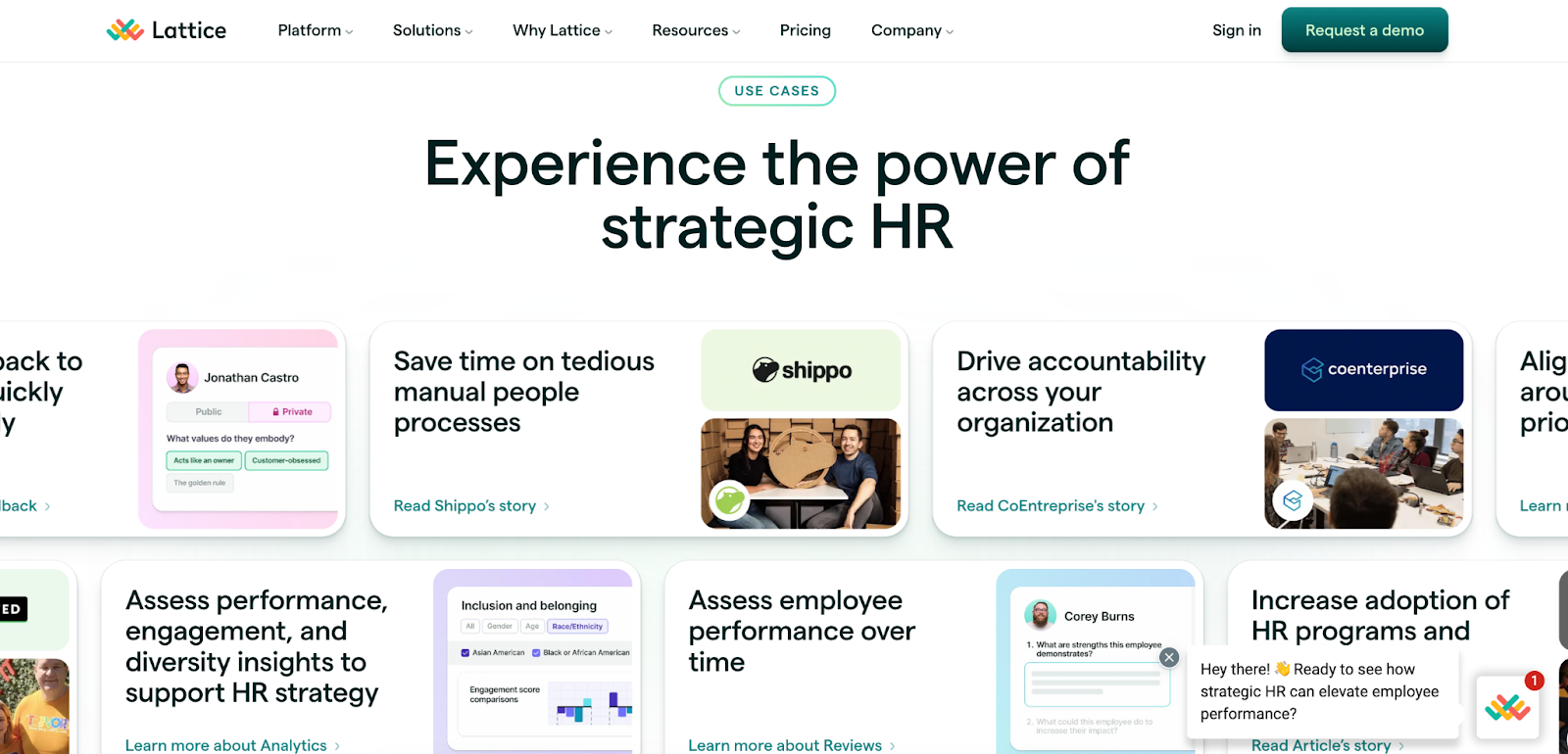 Screenshot of Lattice's homepage featuring headline "Experience the power of strategic HR"t