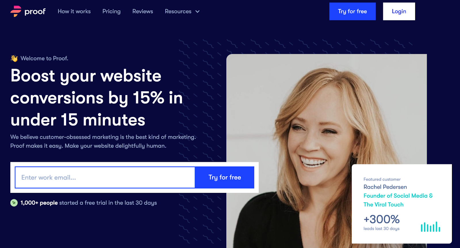 Screenshot of Proof's homepage from https://useproof.com/