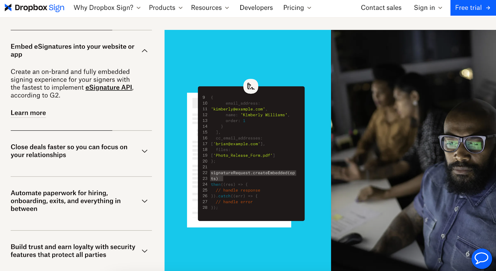 Screenshot of DropBox Sign's homepage