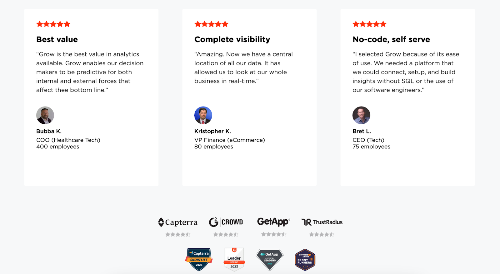 Screenshot of Grow homepage with customer testimonials from https://www.grow.com/