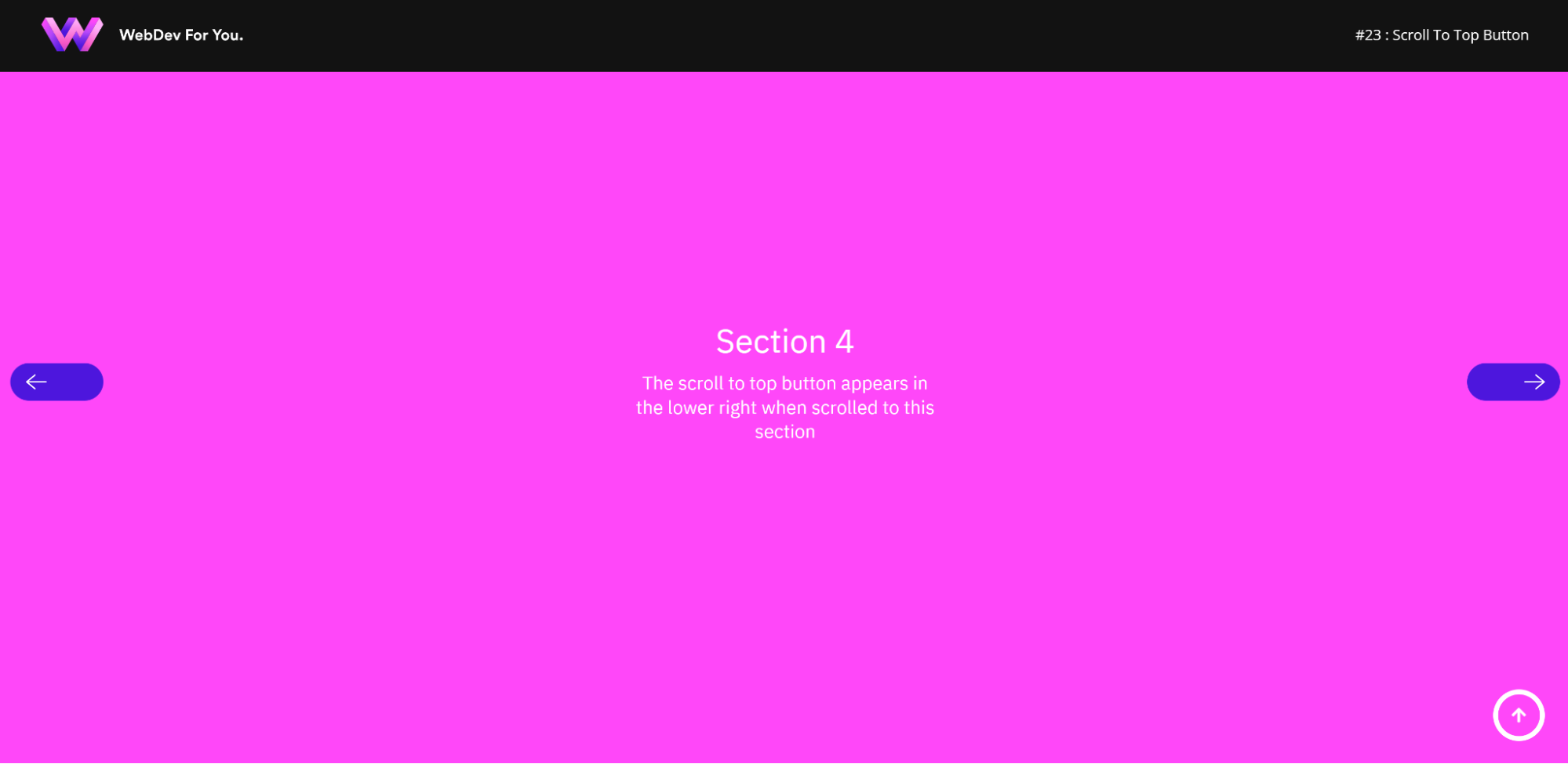 : A screenshot of WebDev For You’s Daily Interaction #23, featuring a pink background, white text, and three buttons: left for the previous page, right for the next page, and a white back-to-top button.