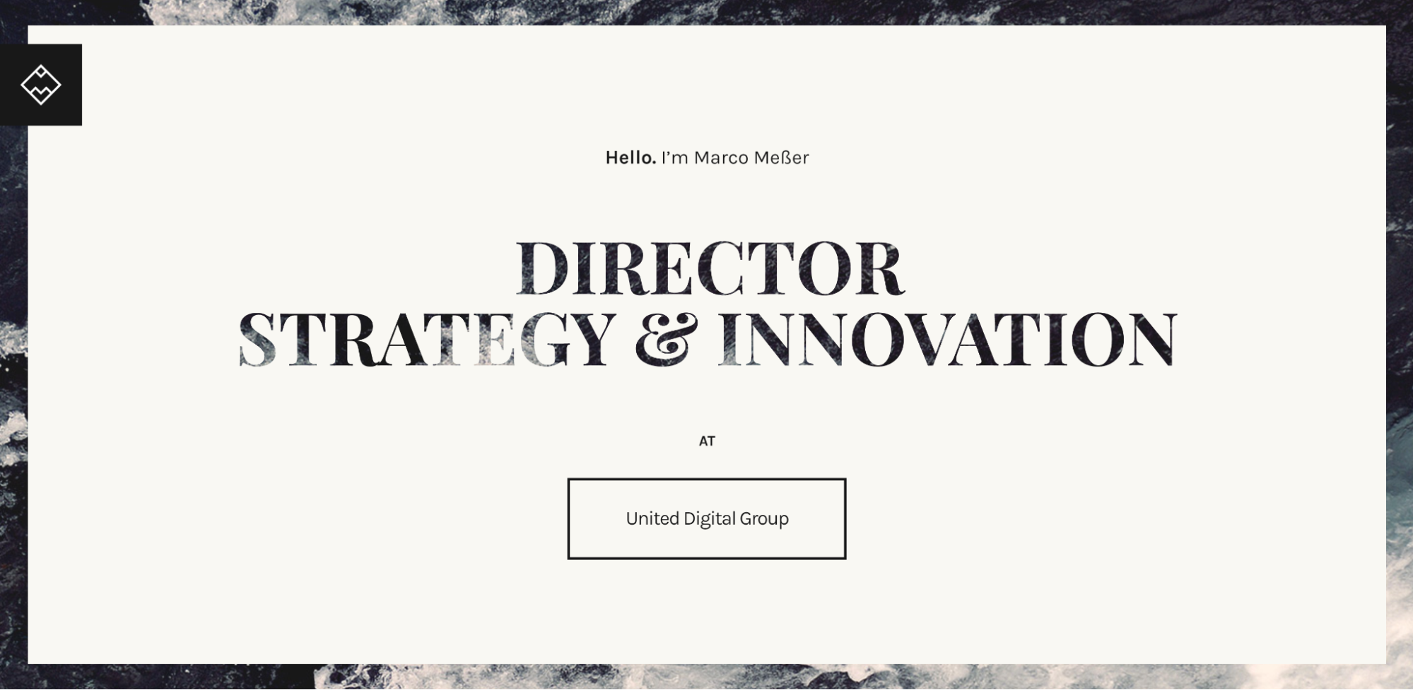 A screenshot of Marco Meßer’s website, featuring an off-white background, see-through text, and an interactive button