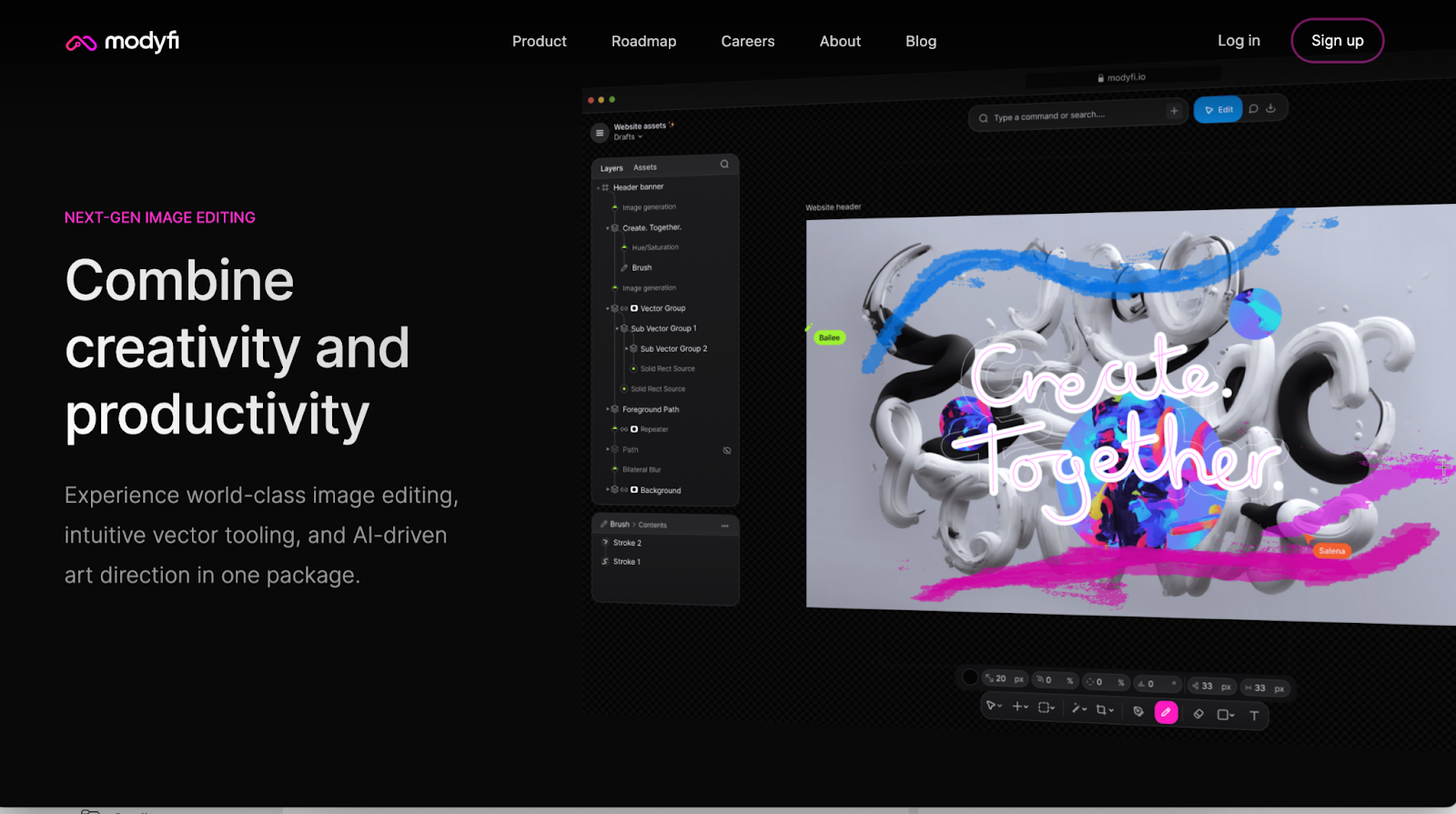 A screenshot of Modify's homepage which features bold animations from https://www.modyfi.com/