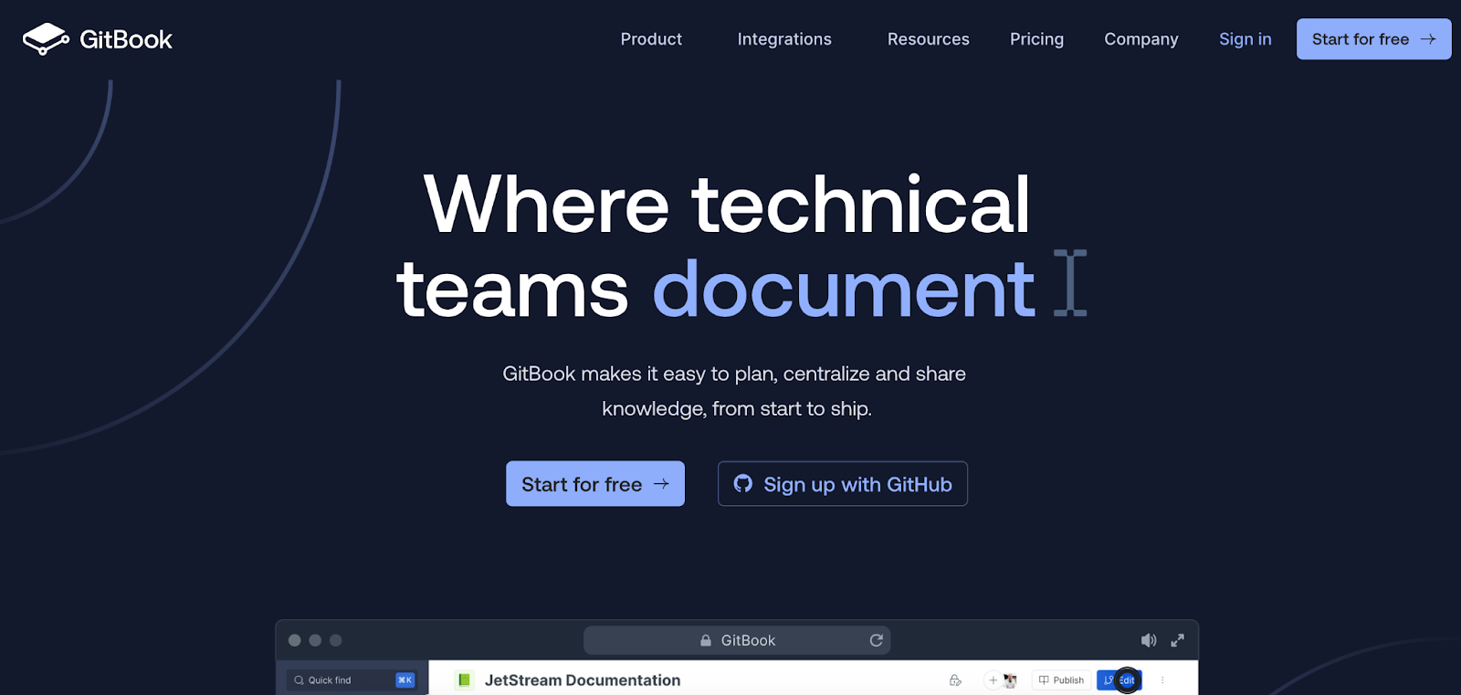 Screenshot of GitBook homepage from https://www.gitbook.com/
