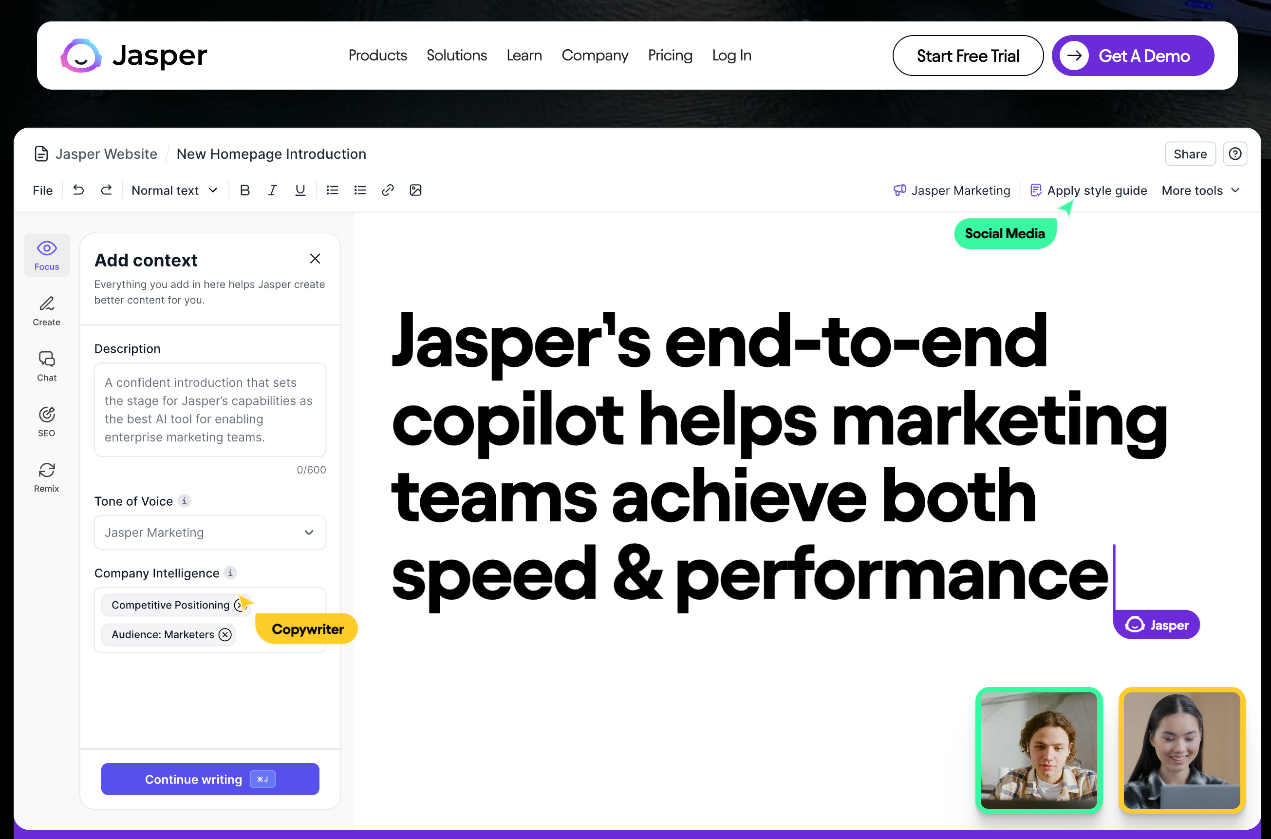 Screenshot of Jasper's product on their homepage design
