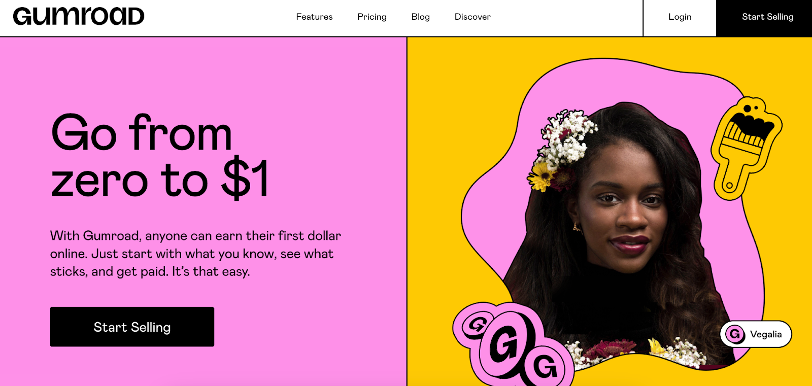 Screenshot of an example of bold saas website design from Gumroad: https://gumroad.com/
