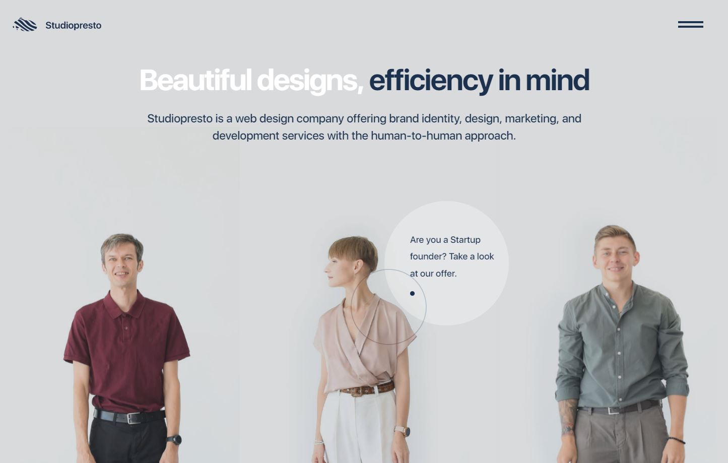 Studiopresto landing page showing three designers from the waist up. A hover animation over the middle designer has turned her head to the side.
