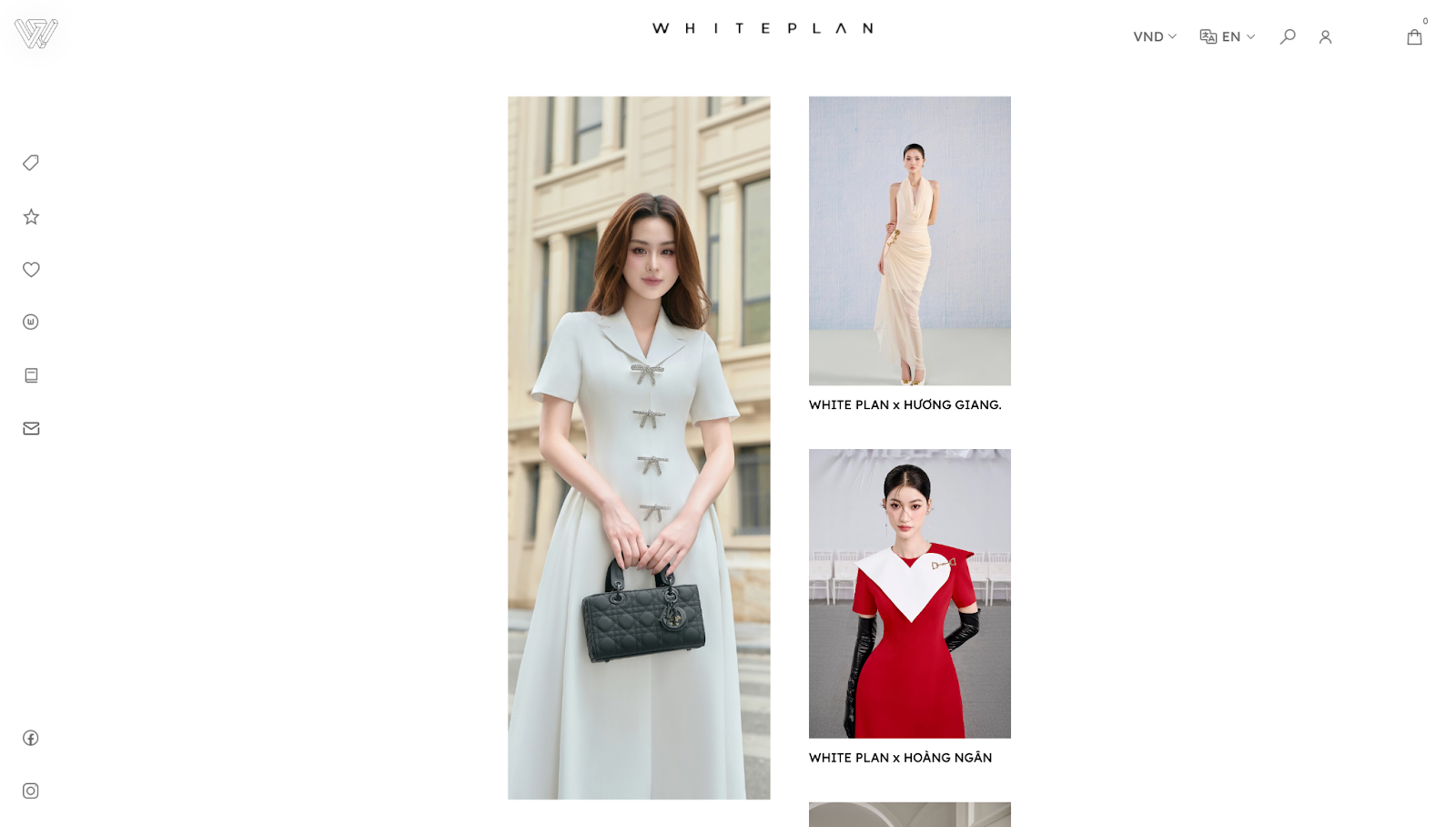 WHITE PLAN’s homepage has a menu on the left side of the screen with centralized images surrounded by plenty of whitespace.