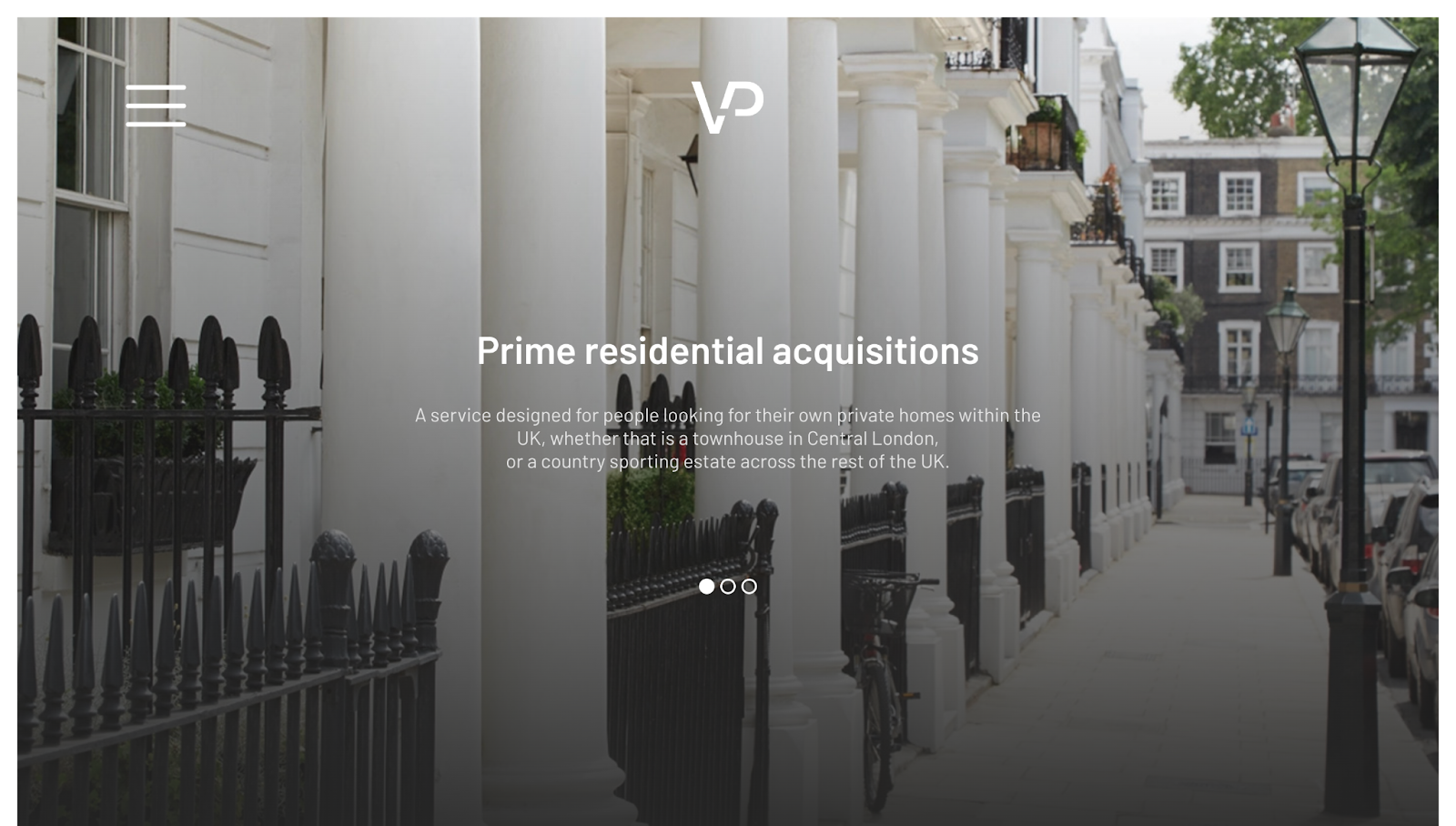 Villiers Private’s website shows an image of an upscale London neighborhood with the heading “Prime residential acquisitions” in the middle of the homepage.