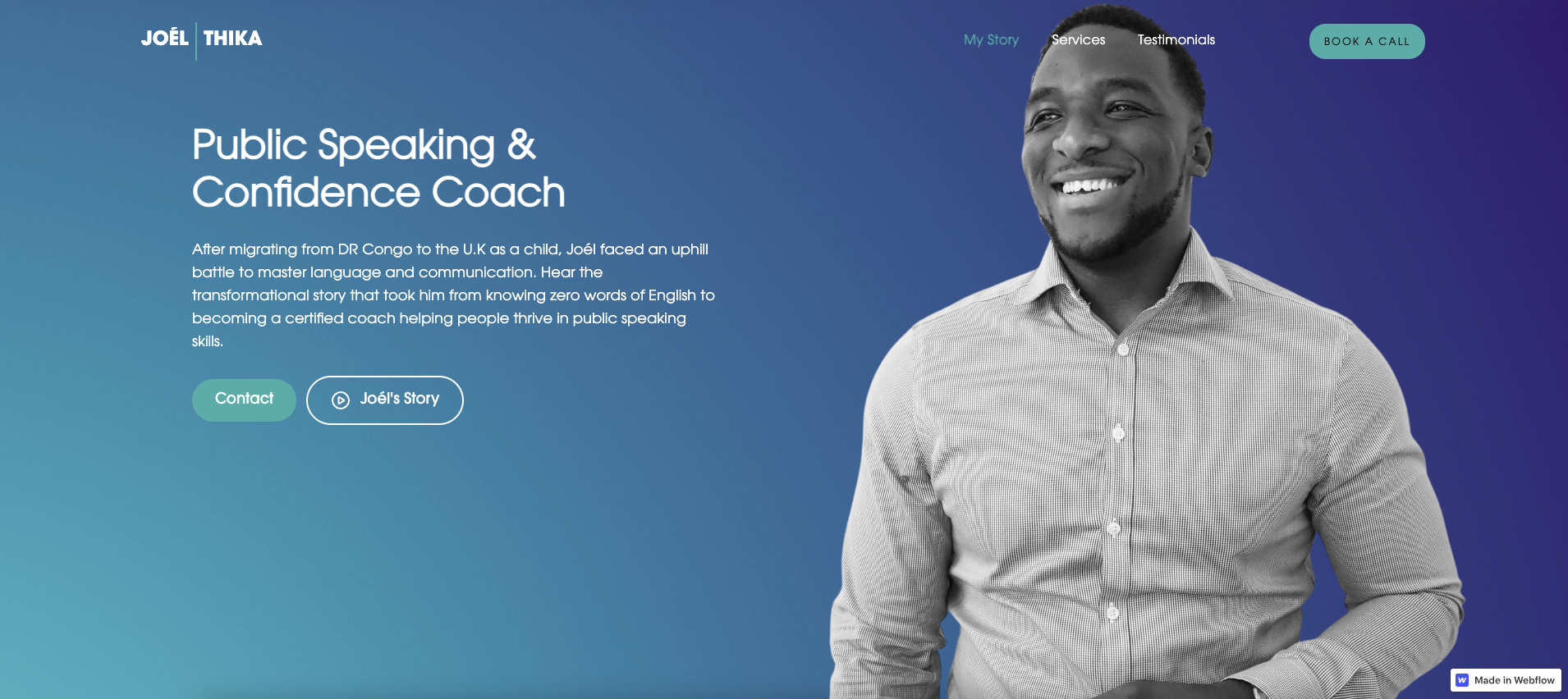 A screenshot of Joél Thika’s website featuring white text and an image of Joél on a blue gradient background.