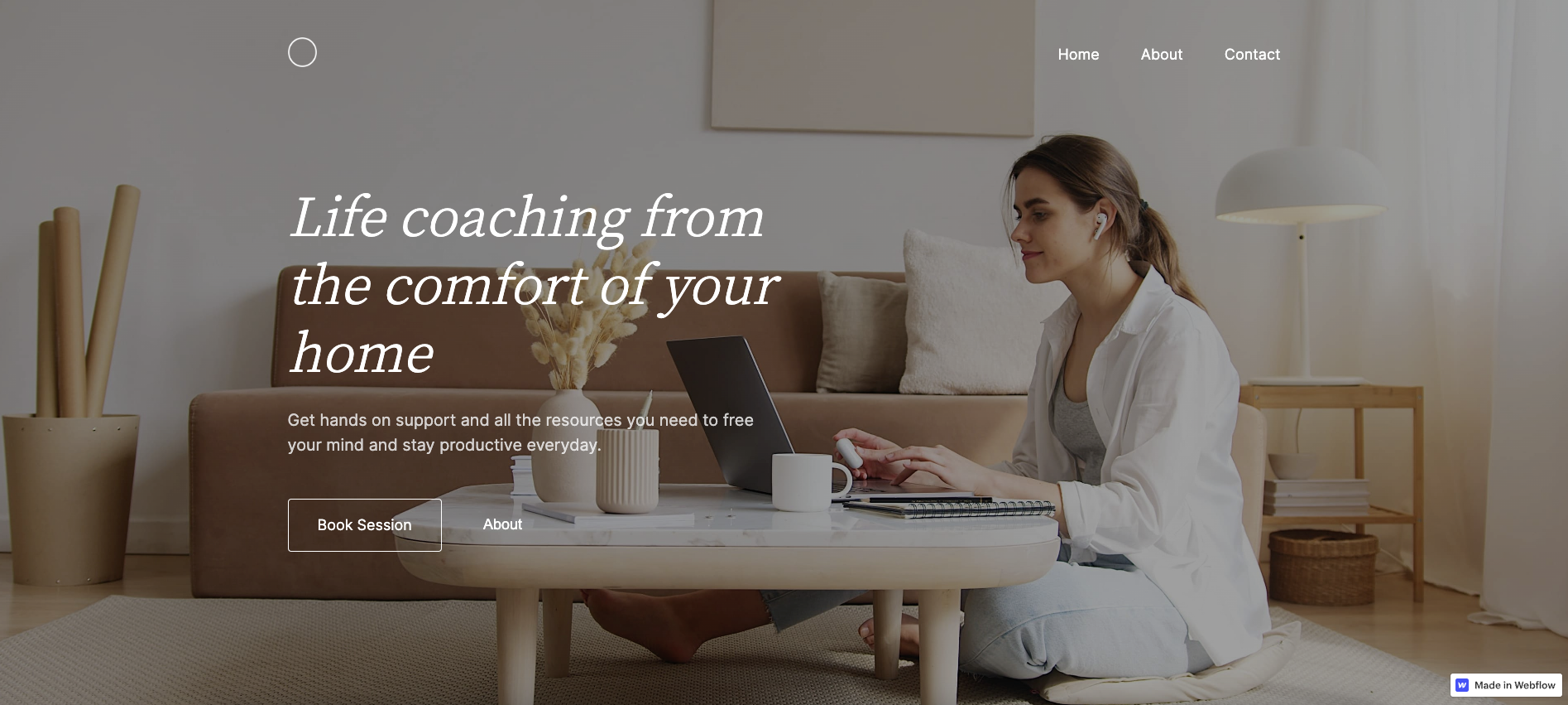 A screenshot of Mindful Living website with white text and a background image full of warm, earthy colors.