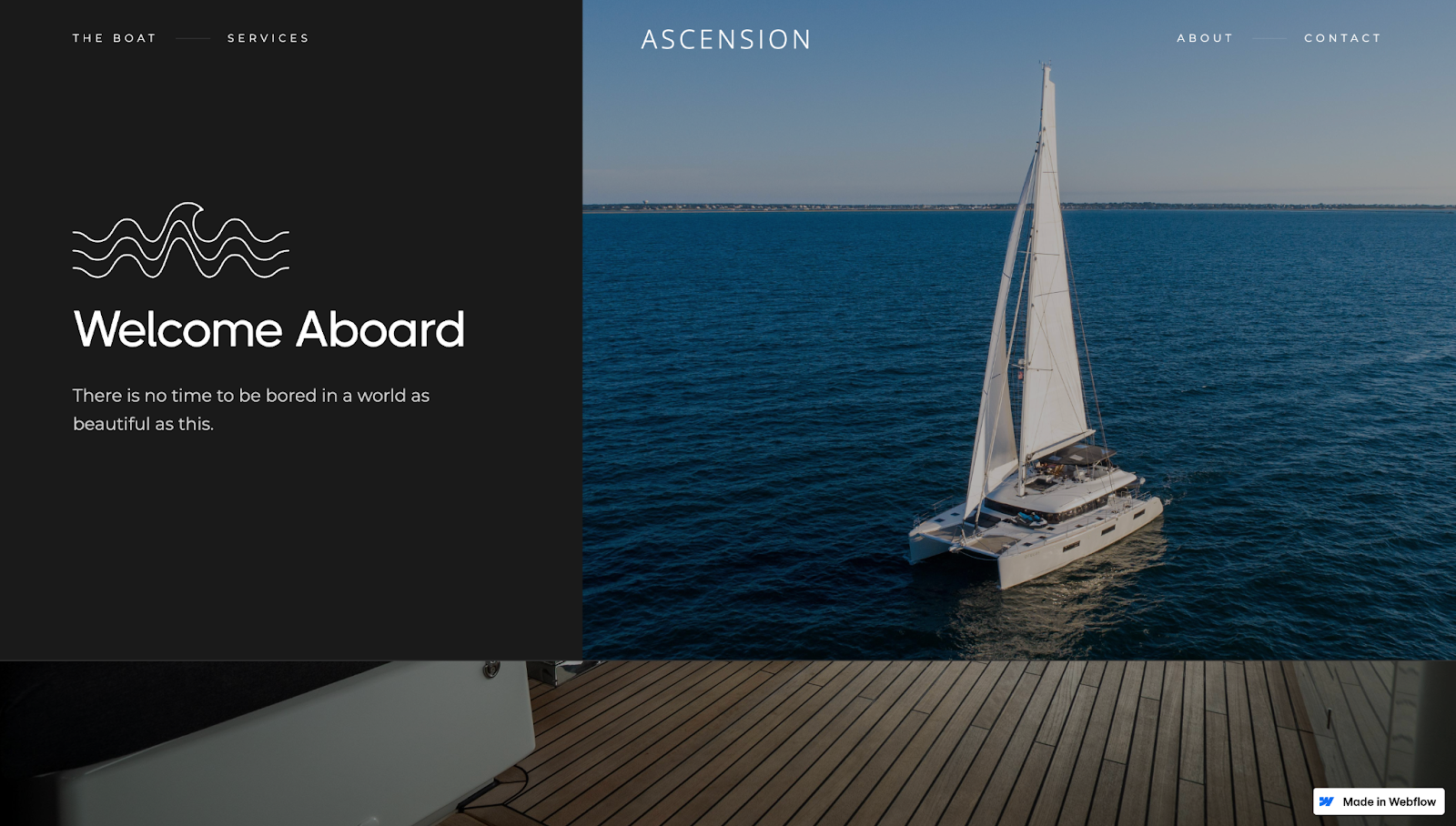 Ascension’s website has a split-screen design with “Welcome Aboard” in white text next to a vibrant image of their catamaran yacht.