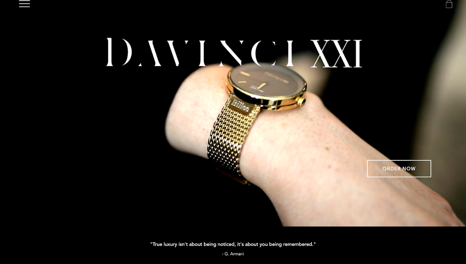 DAVINCI XXI’s website features the company’s branding in white, a full-screen image of a luxury watch, and an “Order now” button.