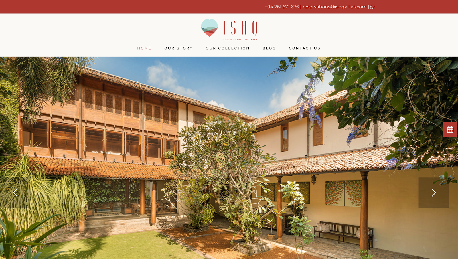 Ishq Villas’ website has a full-screen image of one of its properties, a red notification banner, and a menu.