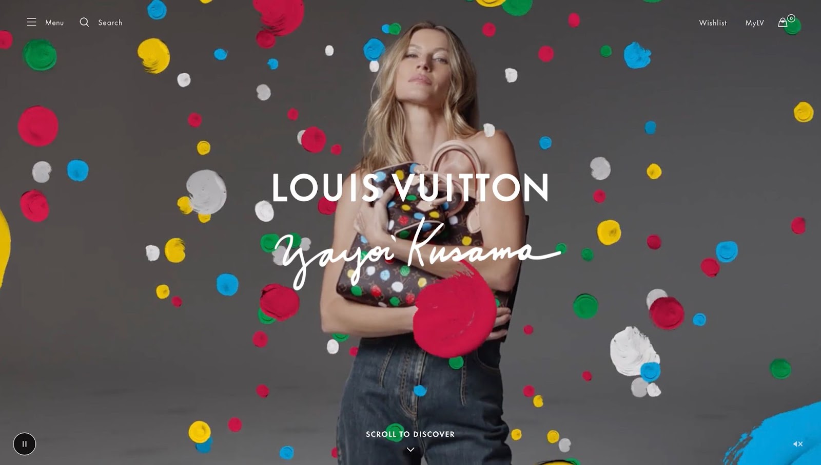 An image of Gisele Bundchen in the Louis Vuitton x Yayoi Kusama add. It features her holding a bag from the collection with polka dots surrounding her.