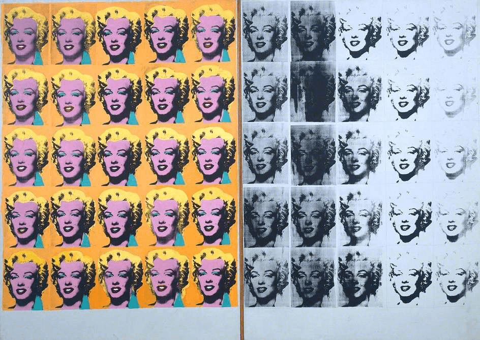 Andy Warhol 's Marilyn Diptych from 1962. It features an iconic headshot of Marilyn Monroe repeating itself in technocolor colors.