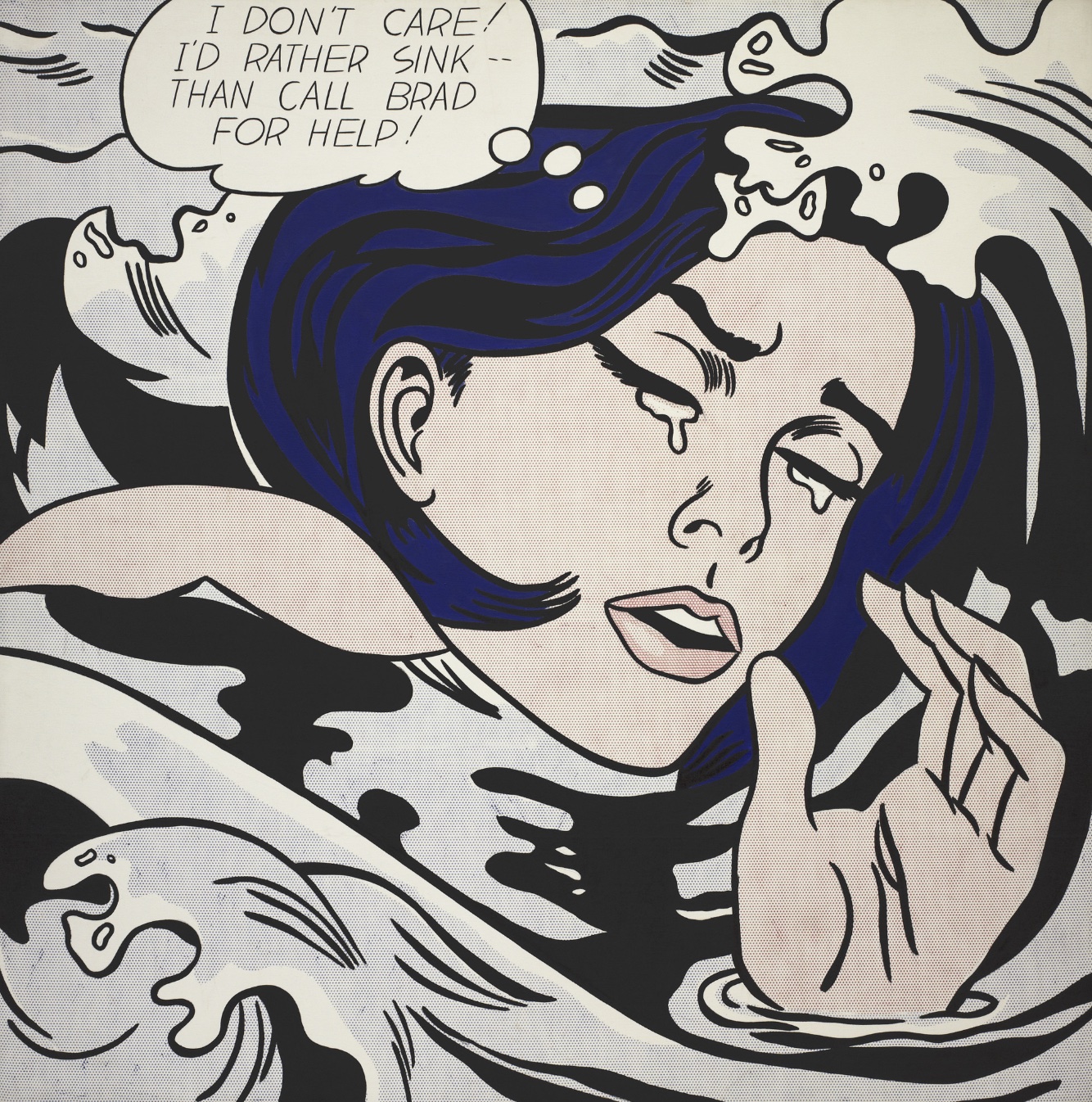 Drowning Girl by Roy Lichtenstein — it features the crying woman image from the comic book above.