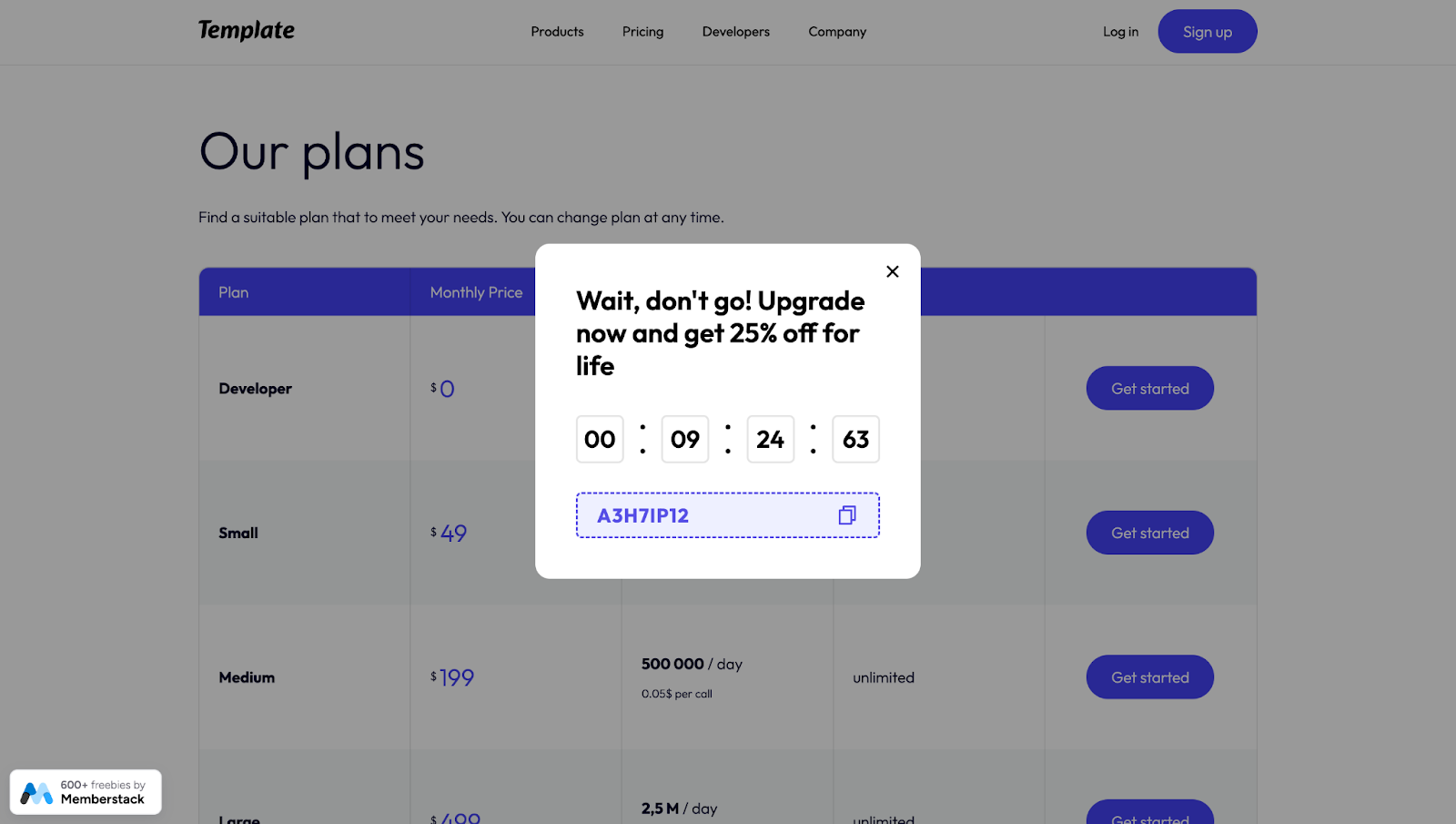 A screenshot of a Webflow template created by Memberstack showing a limited-time offer exit-intent pop-up.