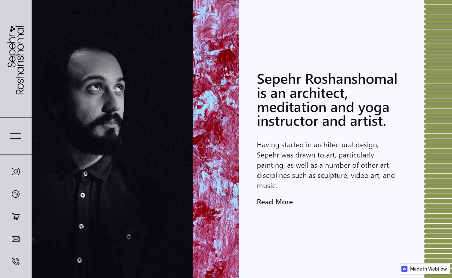 A black-and-white photo of a man with a mustache looking up to the left, separated with a red-and-white marble vertical bar from a panel with the text, “Sepehr Roshanshomal is an architect, meditation and yoga instructor and artist.”
