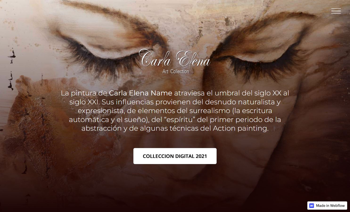A full-screen painting of the upper part of a woman’s face with closed eyes, overlaid with “Carla Elena” in a cursive font, a brief bio, and a button saying “coleccion digital 2021.”