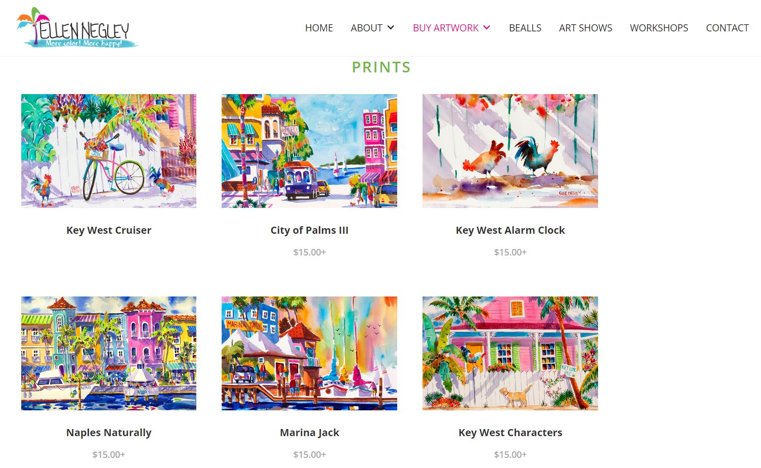 A gallery of colorful Ellen Negley prints with their names: “Key West Cruiser,” “City of Palms 3,” “Key West Alarm Clock,” “Naples Naturally,” “Marina Jack,” and “Key West Characters.”