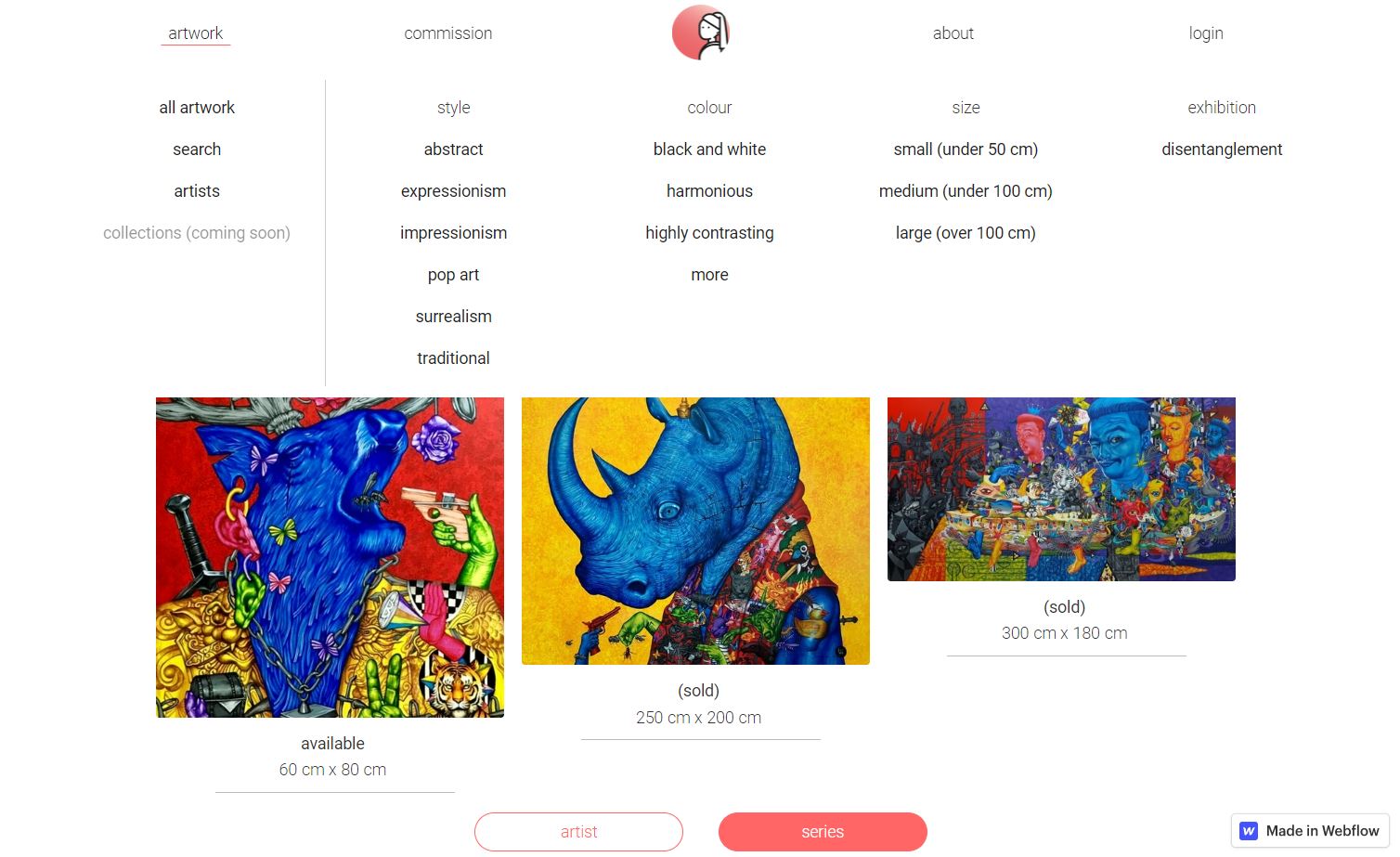 A gallery page showing a detailed set of filter options. The three colorful paintings where blue animals stand out
