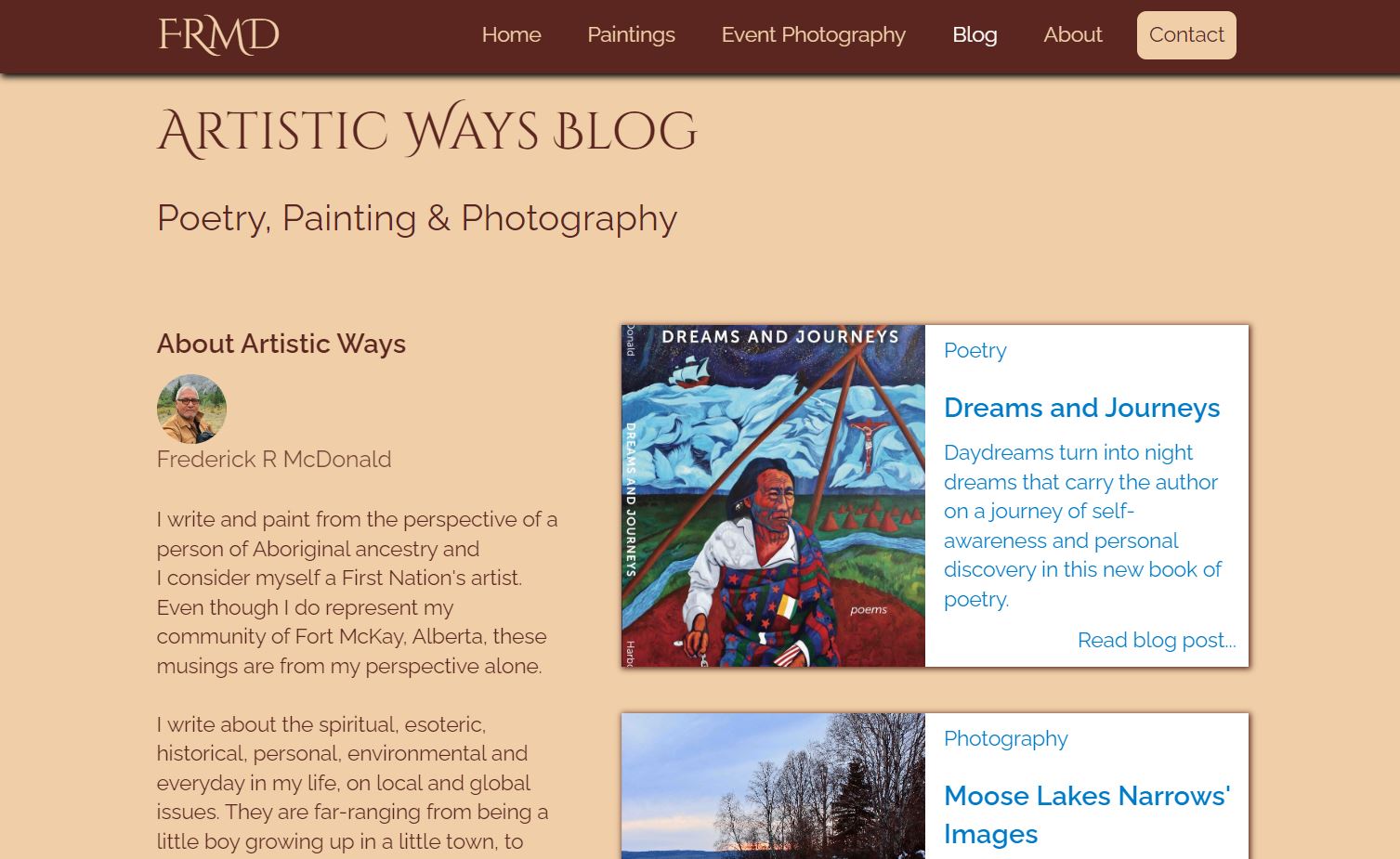 Frederick’s blog page with the header “Artistic Ways Blog: Poetry, Painting & Photography.”